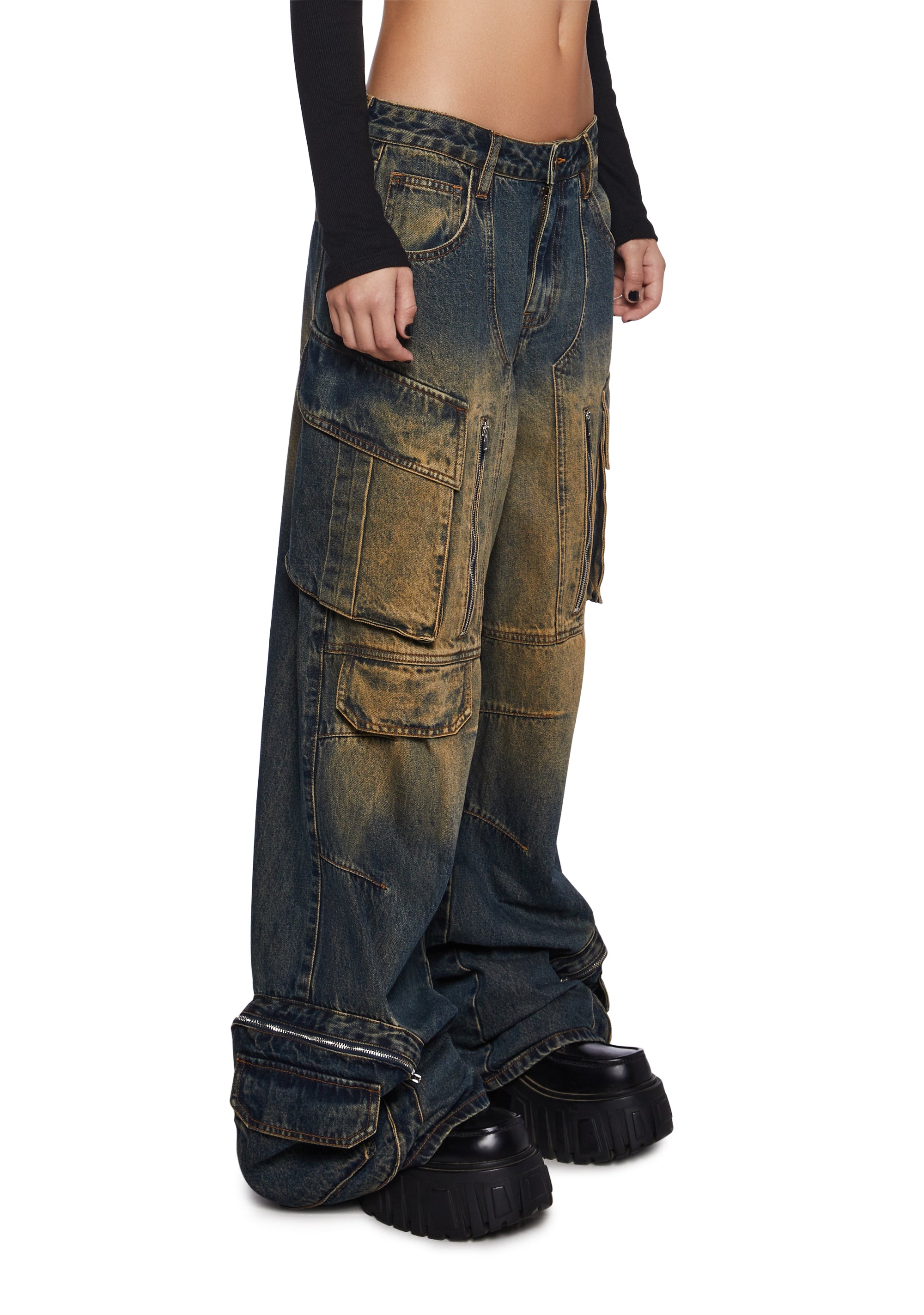 Washed Denim Wide Leg Cargo Jeans - Blue – Dolls Kill