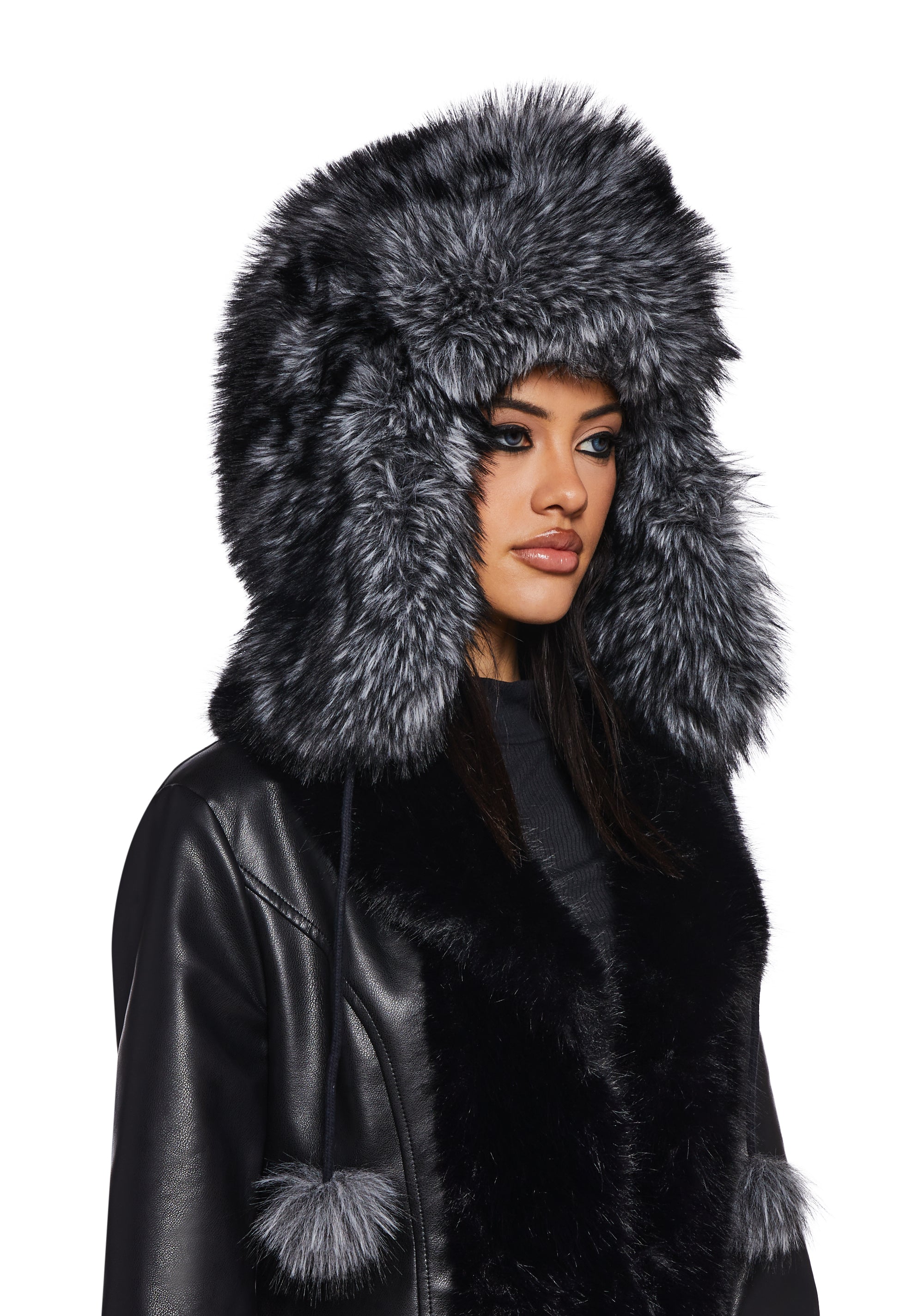 Womens Faux Fur Trapper Hat With Pom Poms Generation Kiss - Black