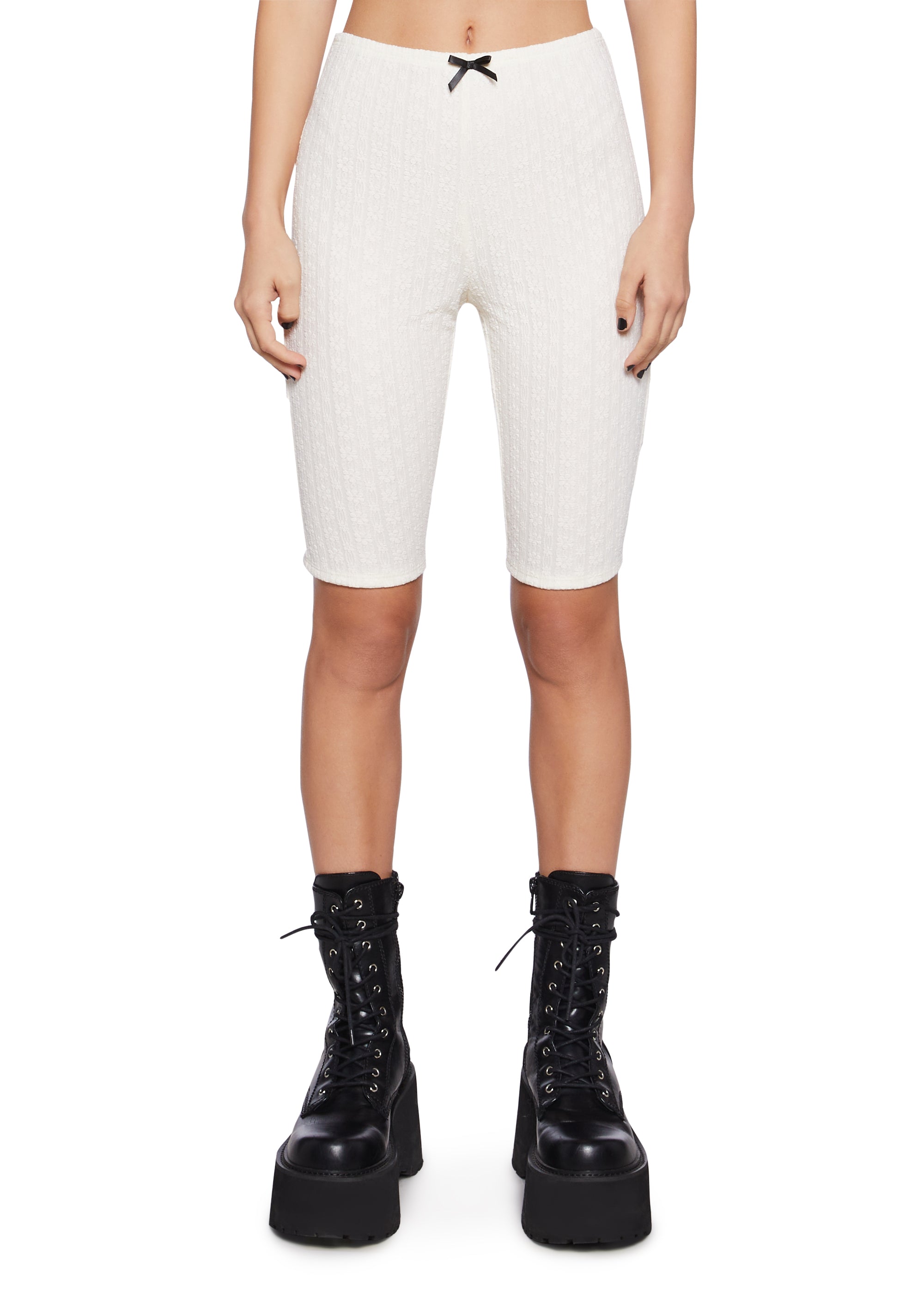 Stretchy Pointelle Knit Lace Bow Biker Shorts - White – Dolls Kill