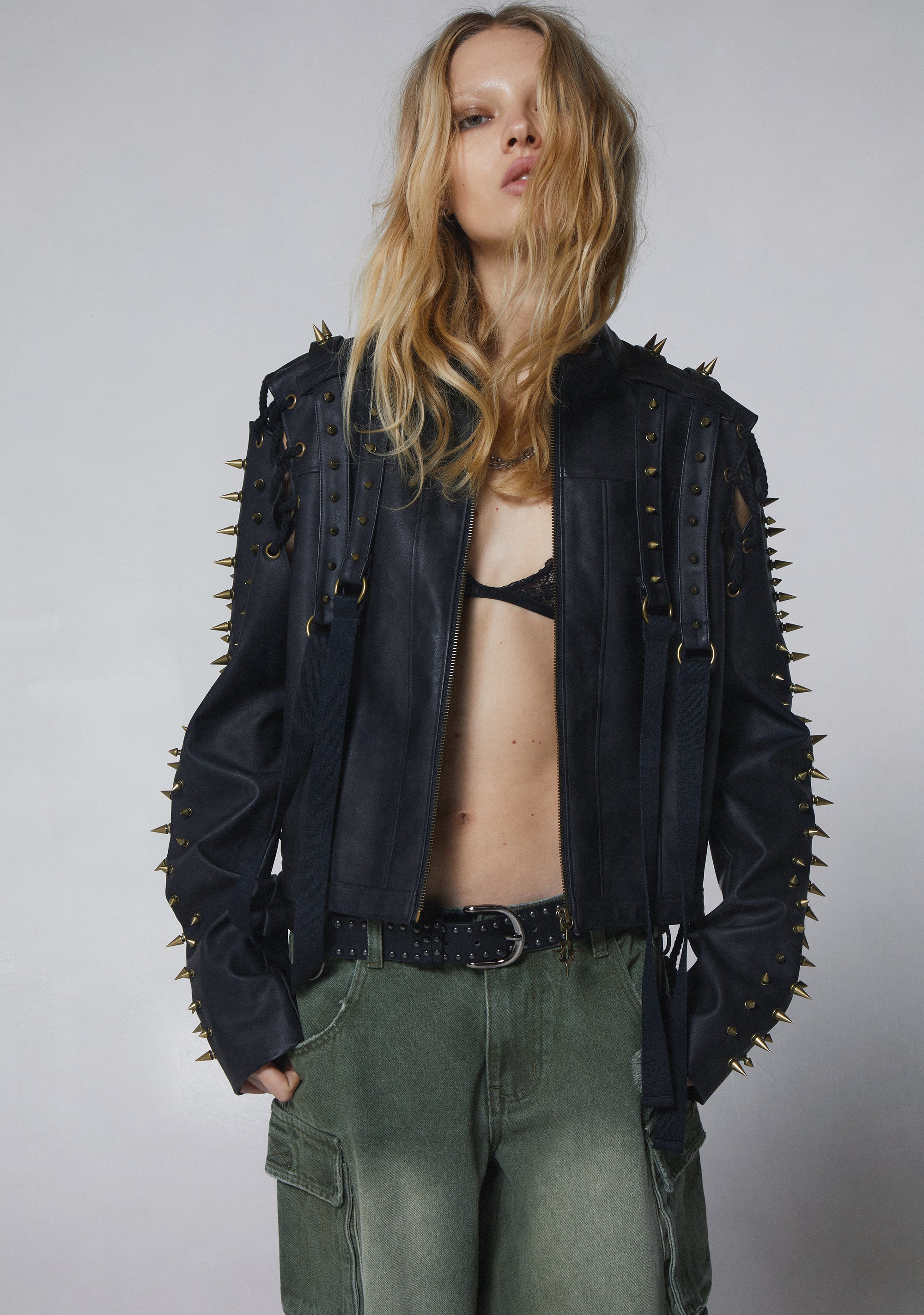 Womens Sexy Spiked Lace Up Vegan Leather Jacket Darker Wavs