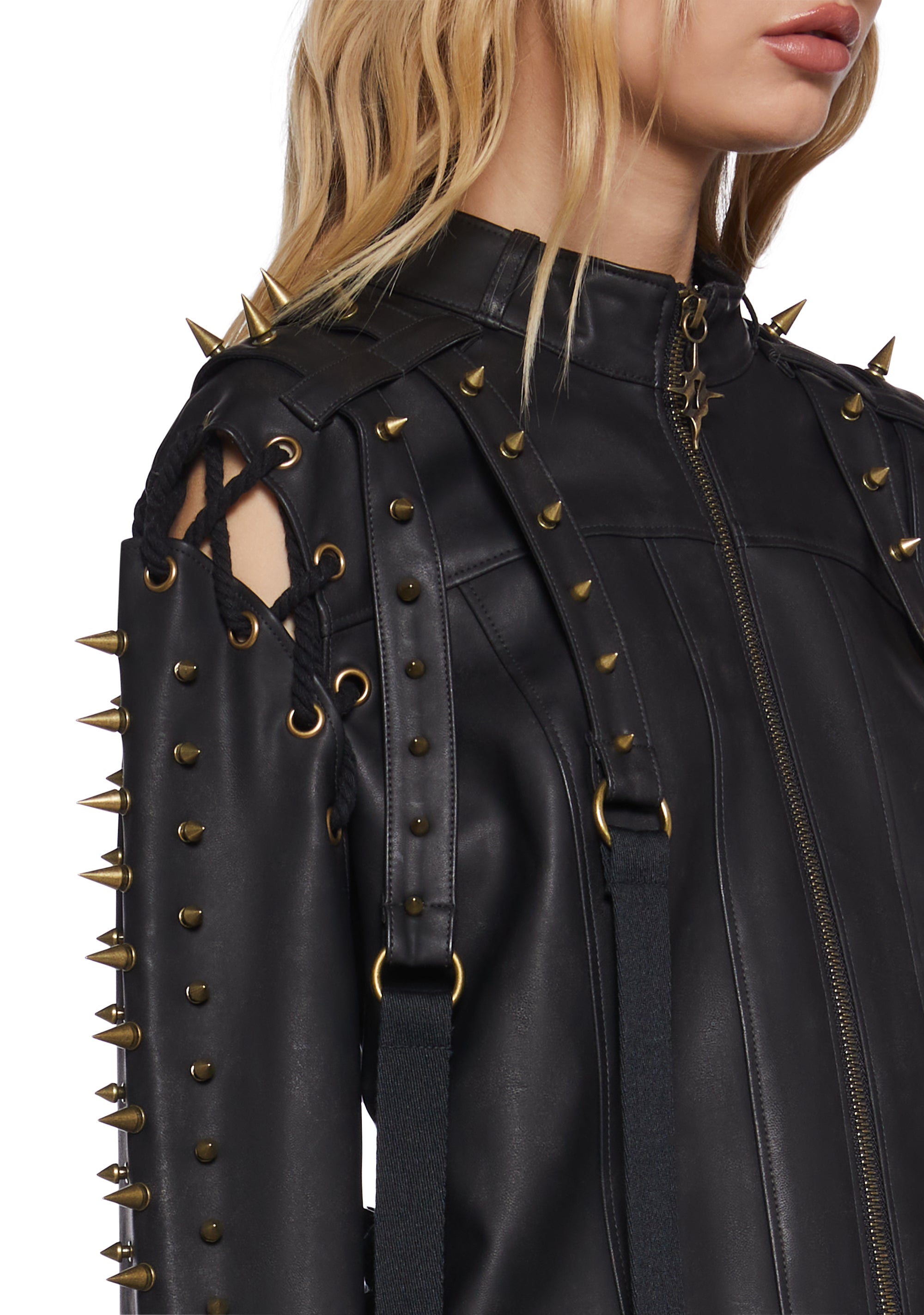 Warp Spiked Jacket With Lace Up Sleeves  - Black