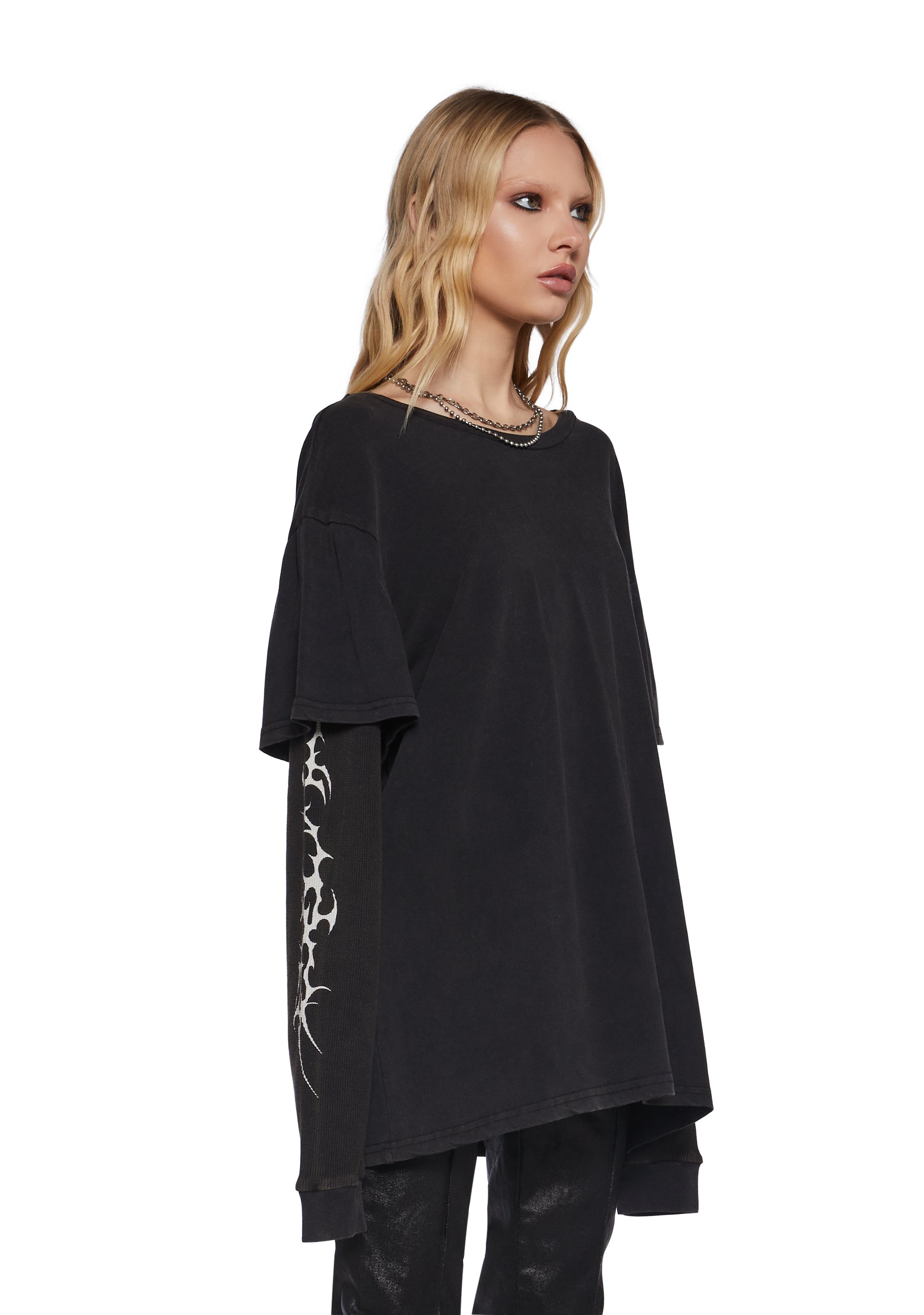 Womens Oversized Graphic Long Sleeve Tee Darker Wavs - Black