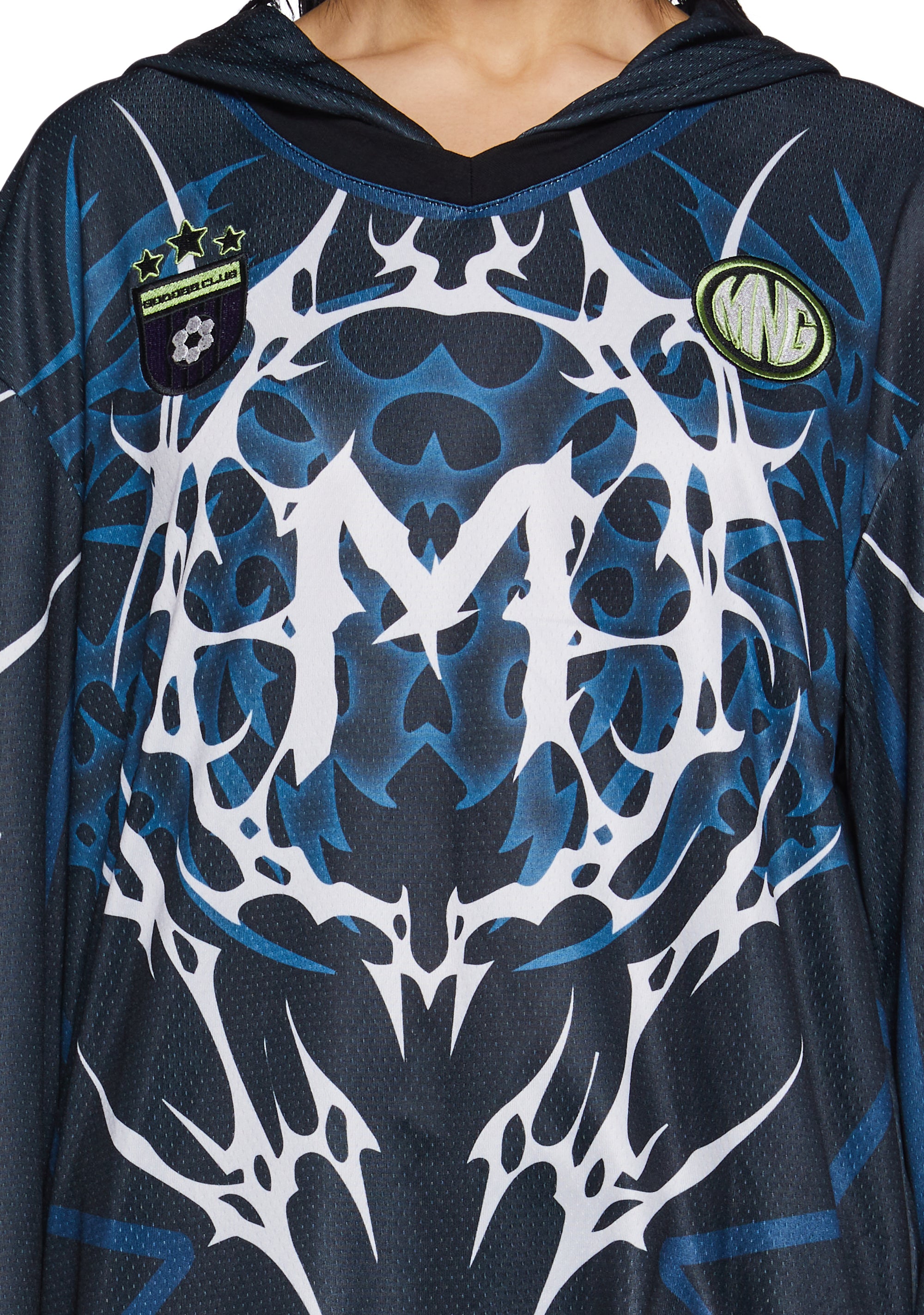 Minga Tribal Football Oversized Jersey With Hoodie- Multi – Dolls Kill