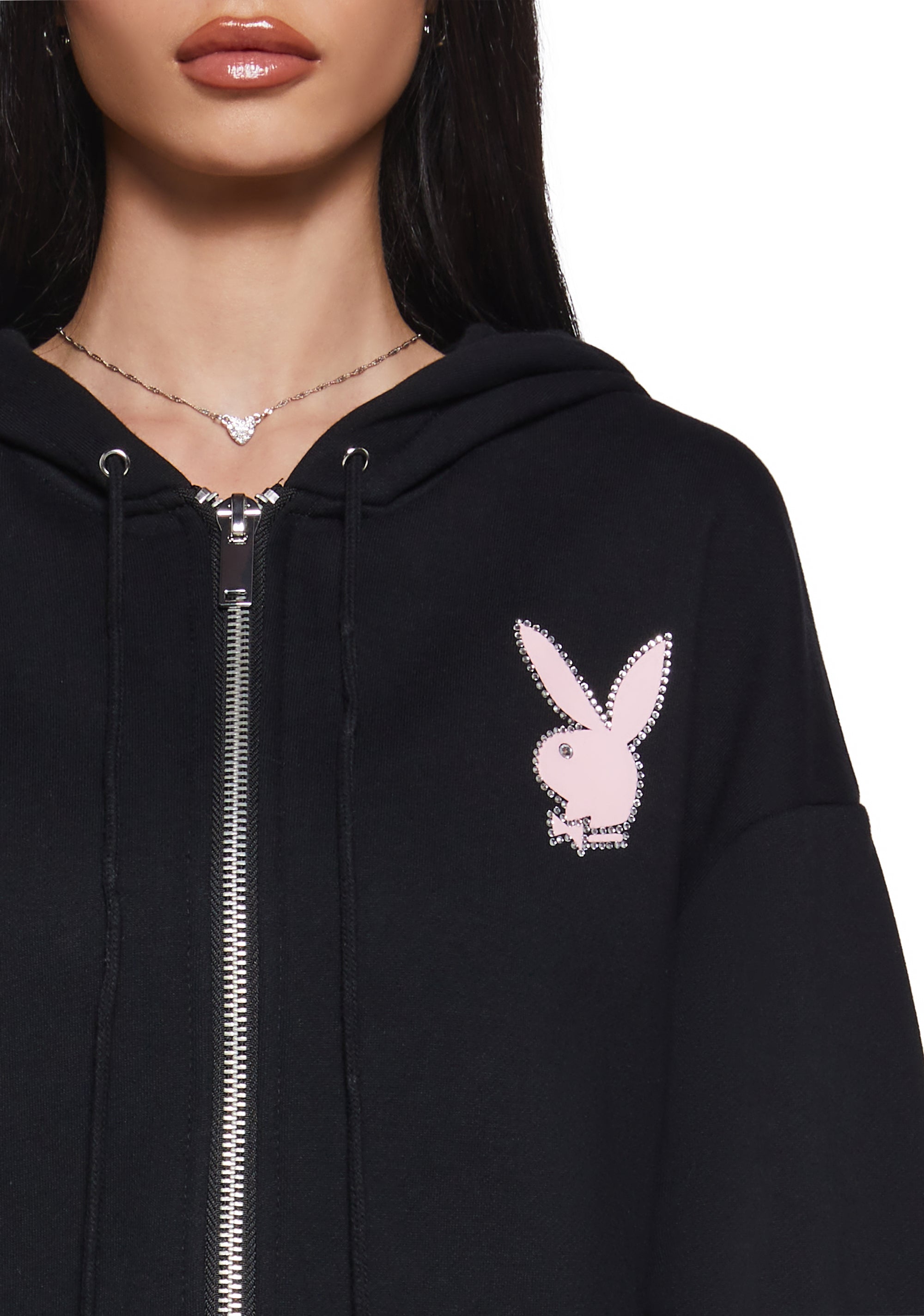 open lace back dress Dolls Kill x Playboy Playmate Fleece Logo Rhinestone Zip-Up Hoodie