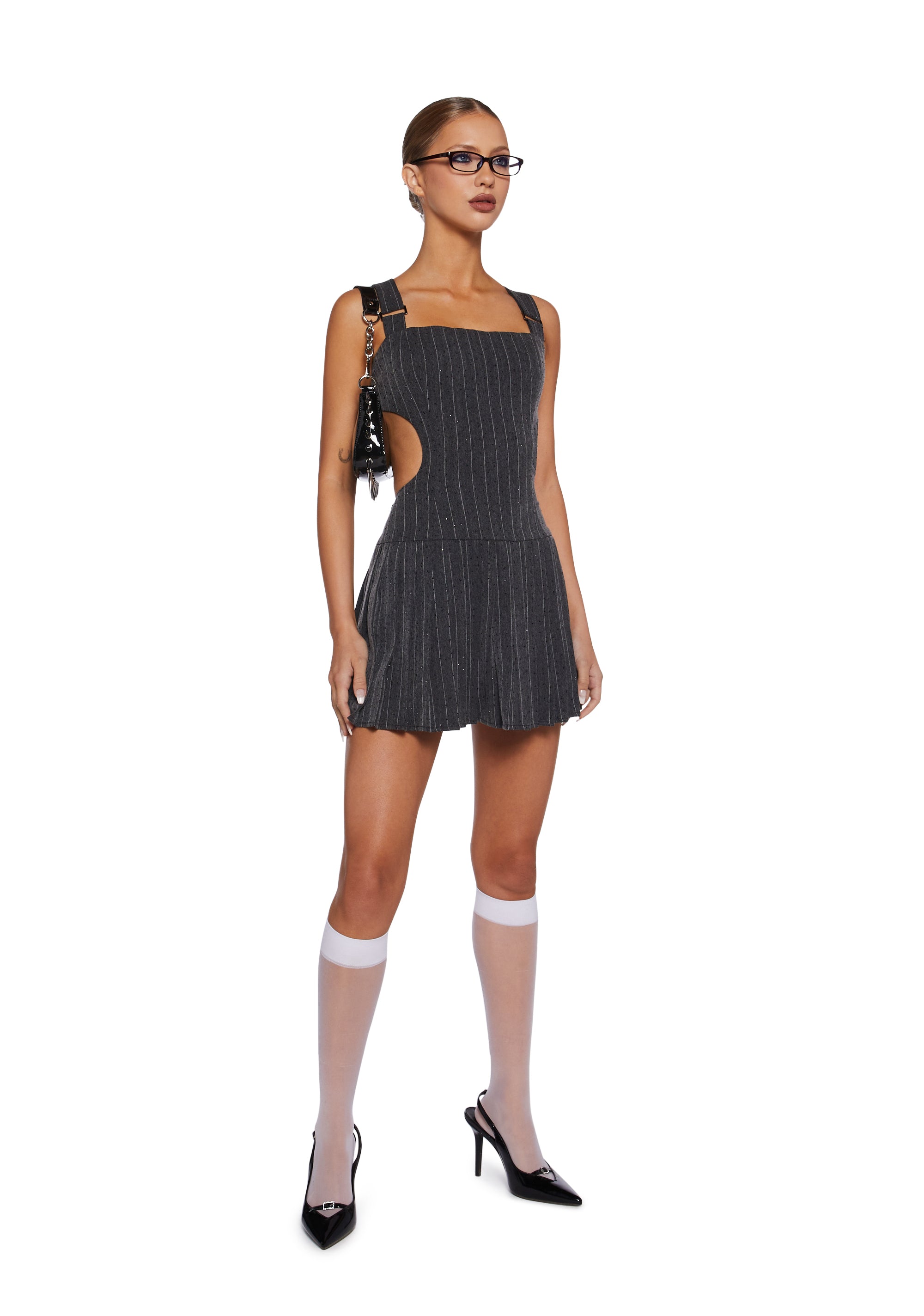 Twill Rhinestone Pinstripe Open Back Mini Dress - Black Twill Rhinestone Pinstripe Open Back Mini Dress - Black