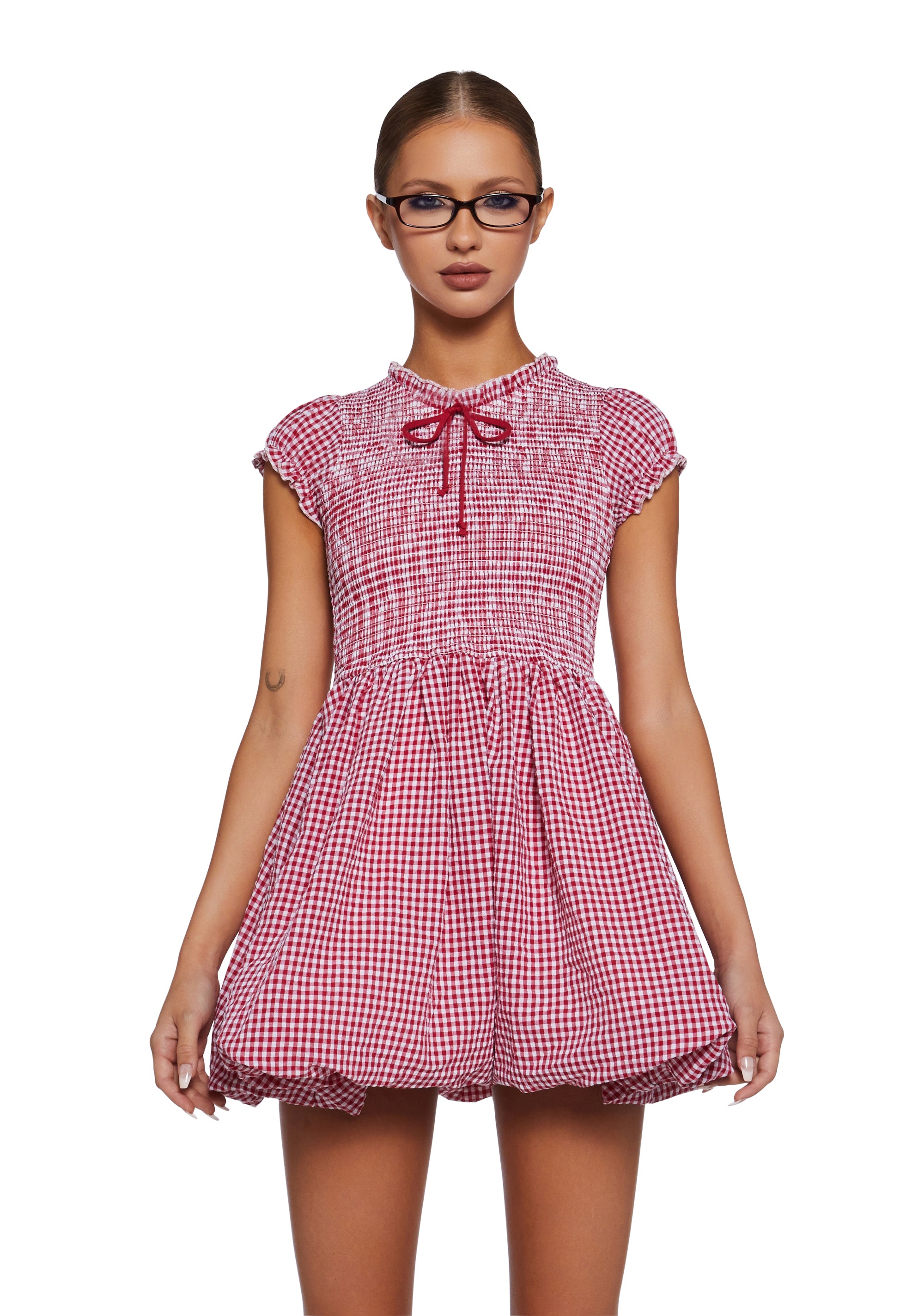 Twill Gingham Shirred Short Sleeve Bubble Mini Dress - Red – Dolls
