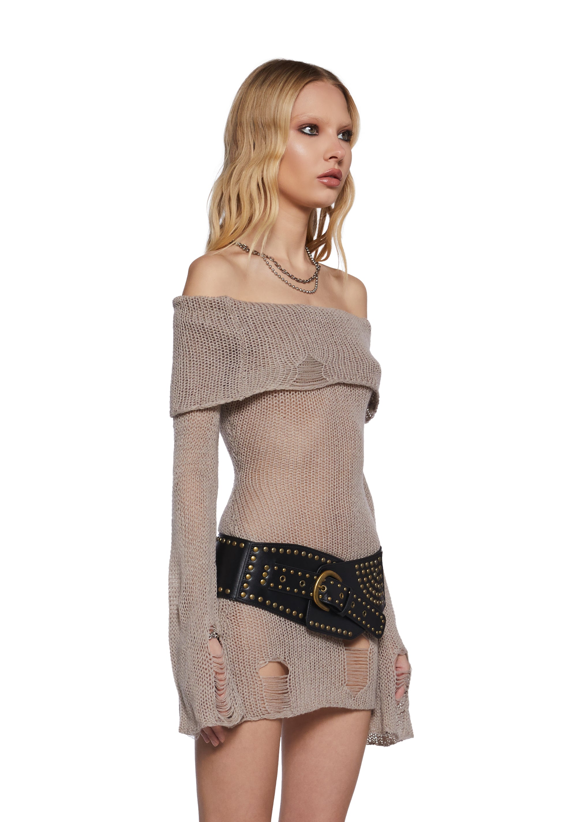 Darker Wavs Distressed Knit Sheer Sweater Dress With Long Sleeves