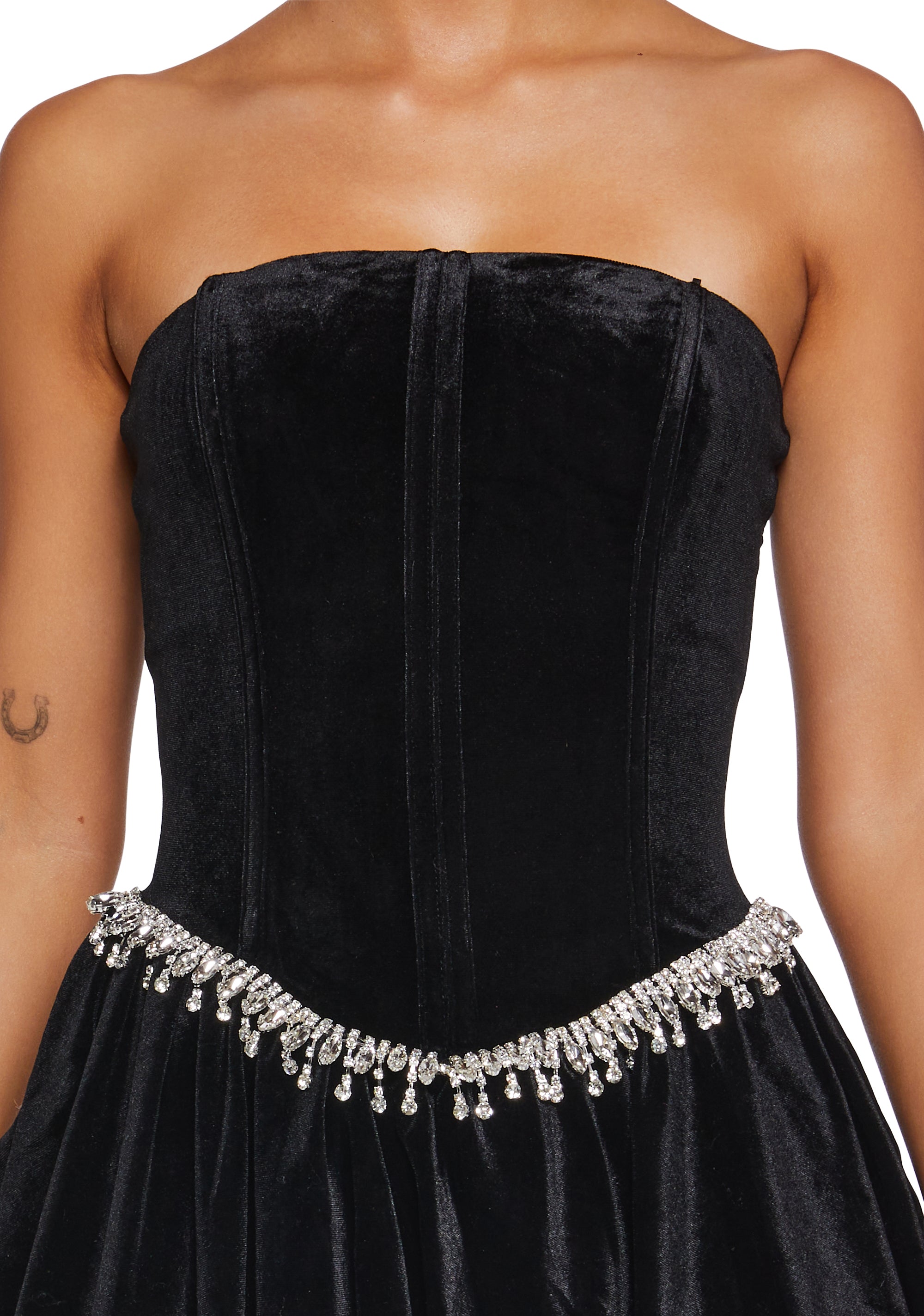 Womens Sexy Special Occasion Strapless Velvet Mini Dress With Rhinestone  Gemstone Fringe