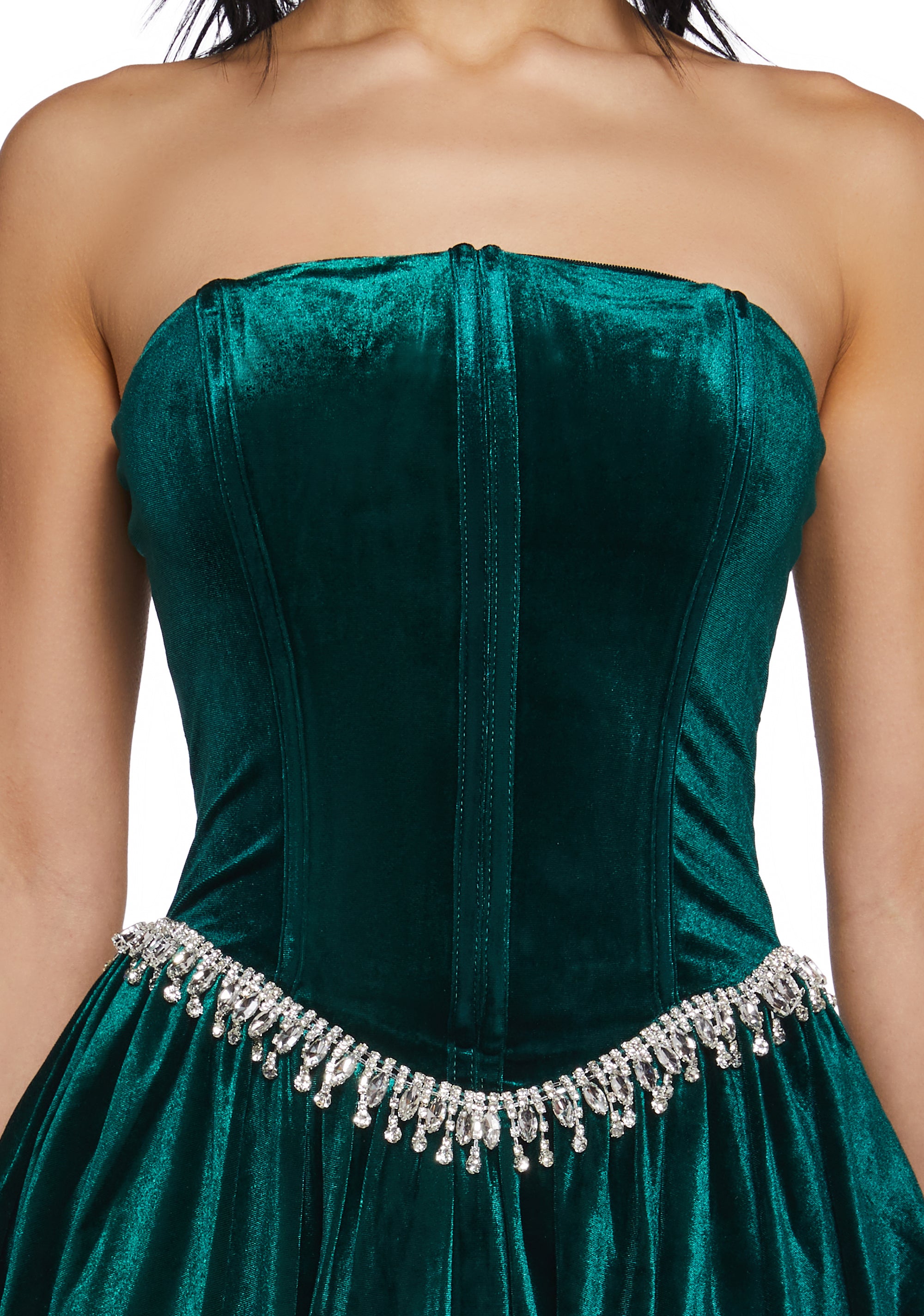 slim fit dress slacks Peacock Green Strapless Corset Long Velvet Bridesmaid Dress with Slit main image 1