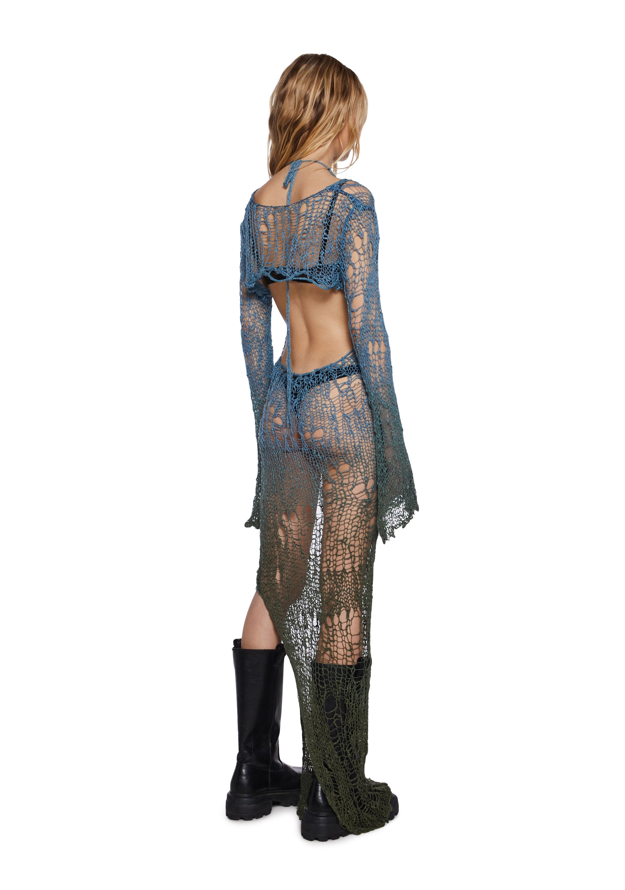Ethereal Drop Knit Dress And Shrug Set - Blue