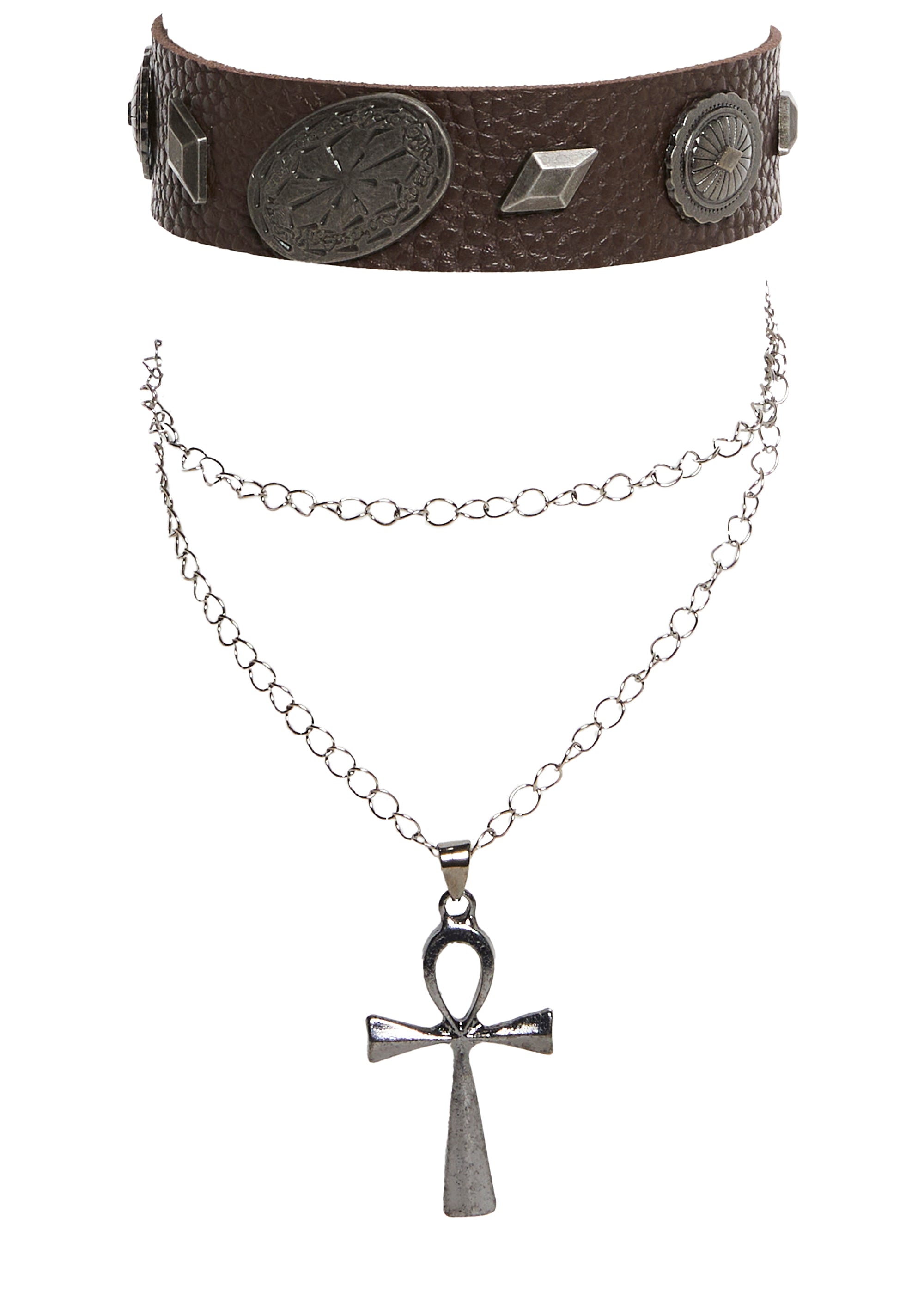 海外【DOLLS KILL】 Key Of Life Layered Necklace Womens Vegan Leather Choker With Skull And Star Charms
