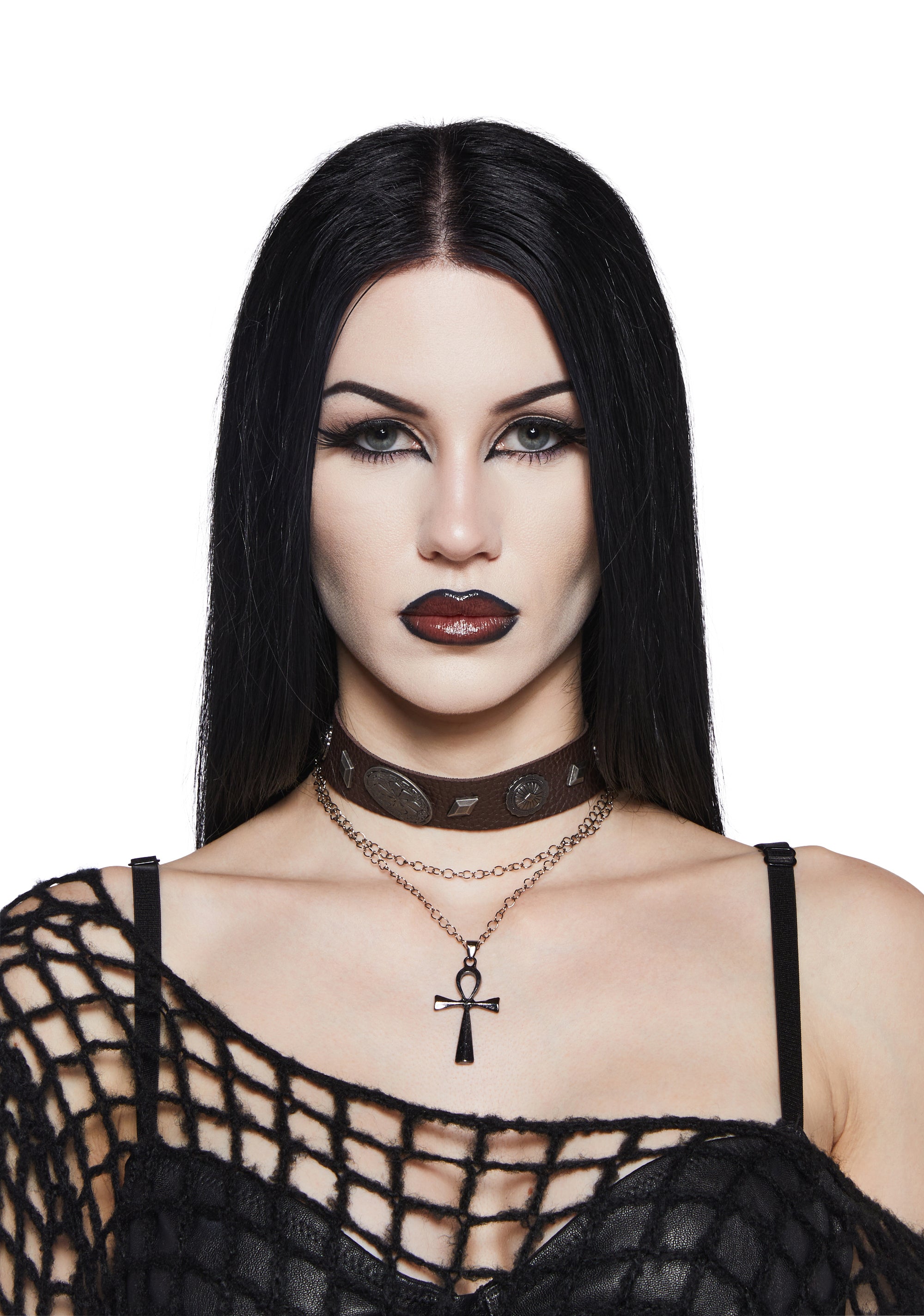 Vegan Leather Choker Ankh Charm Multi-Strand Layered