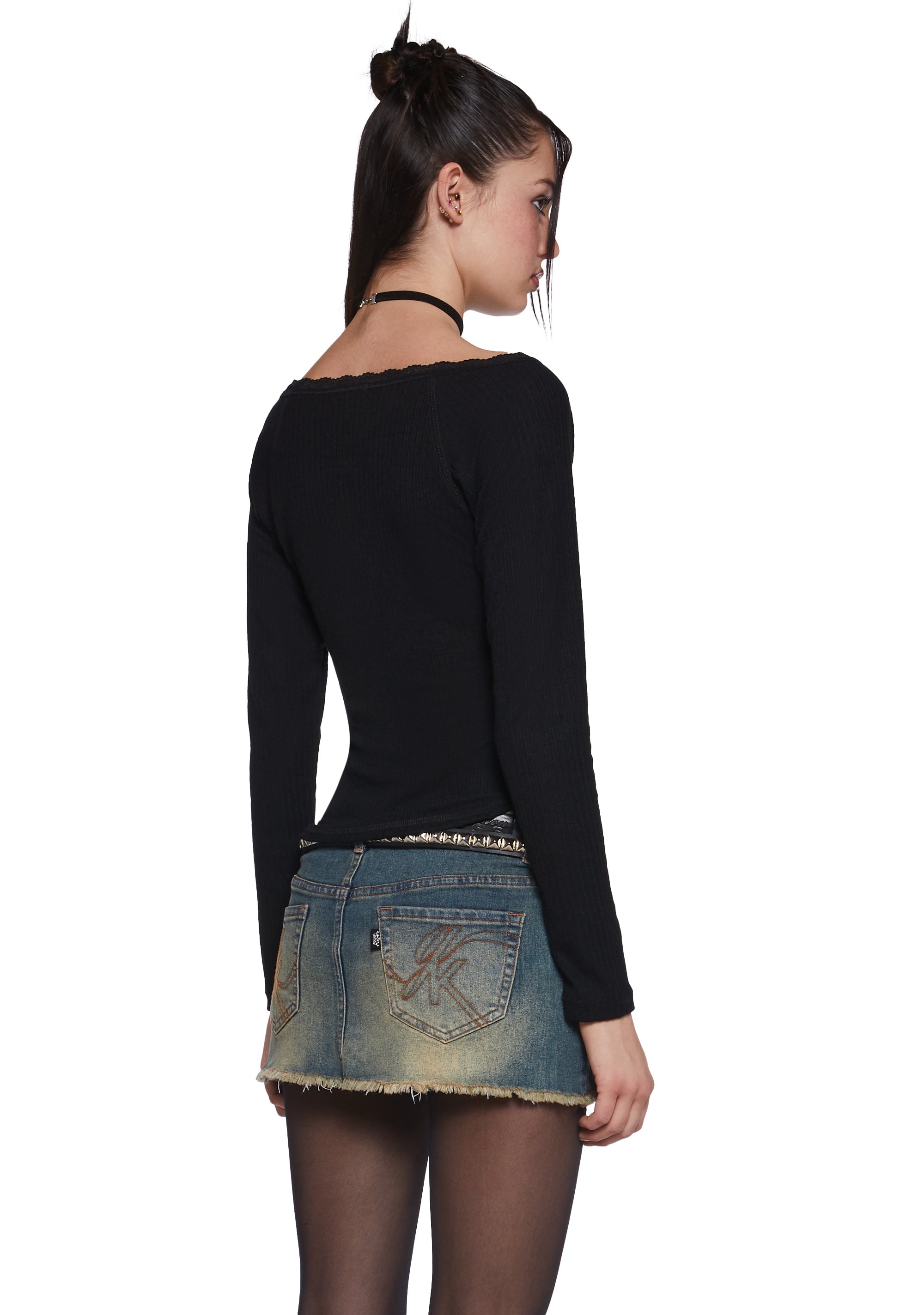 Womens Long Sleeve Ribbed Top With Lace - Black – Dolls Kill
