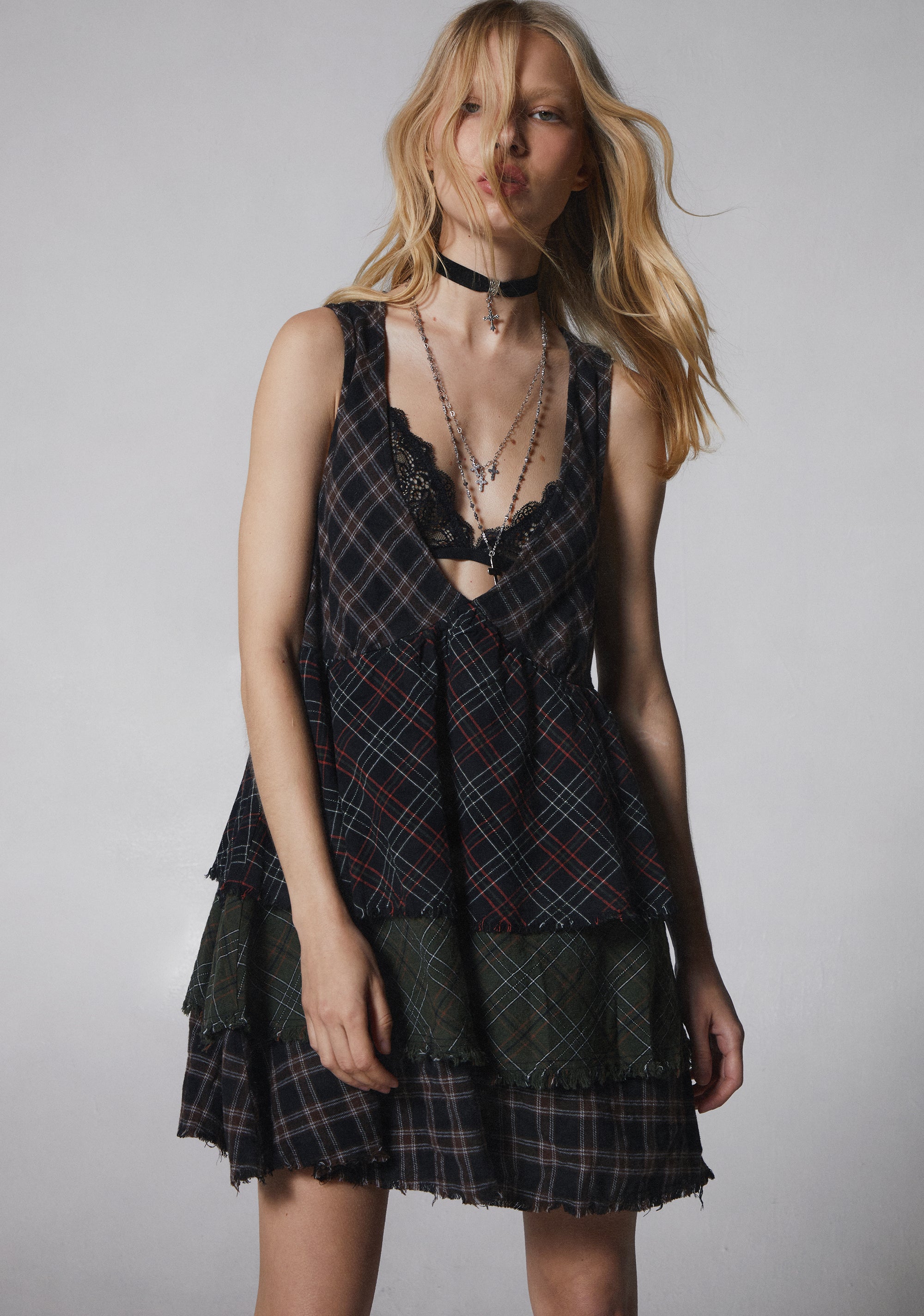 Womens Plaid Babydoll Mini Dress Current Mood