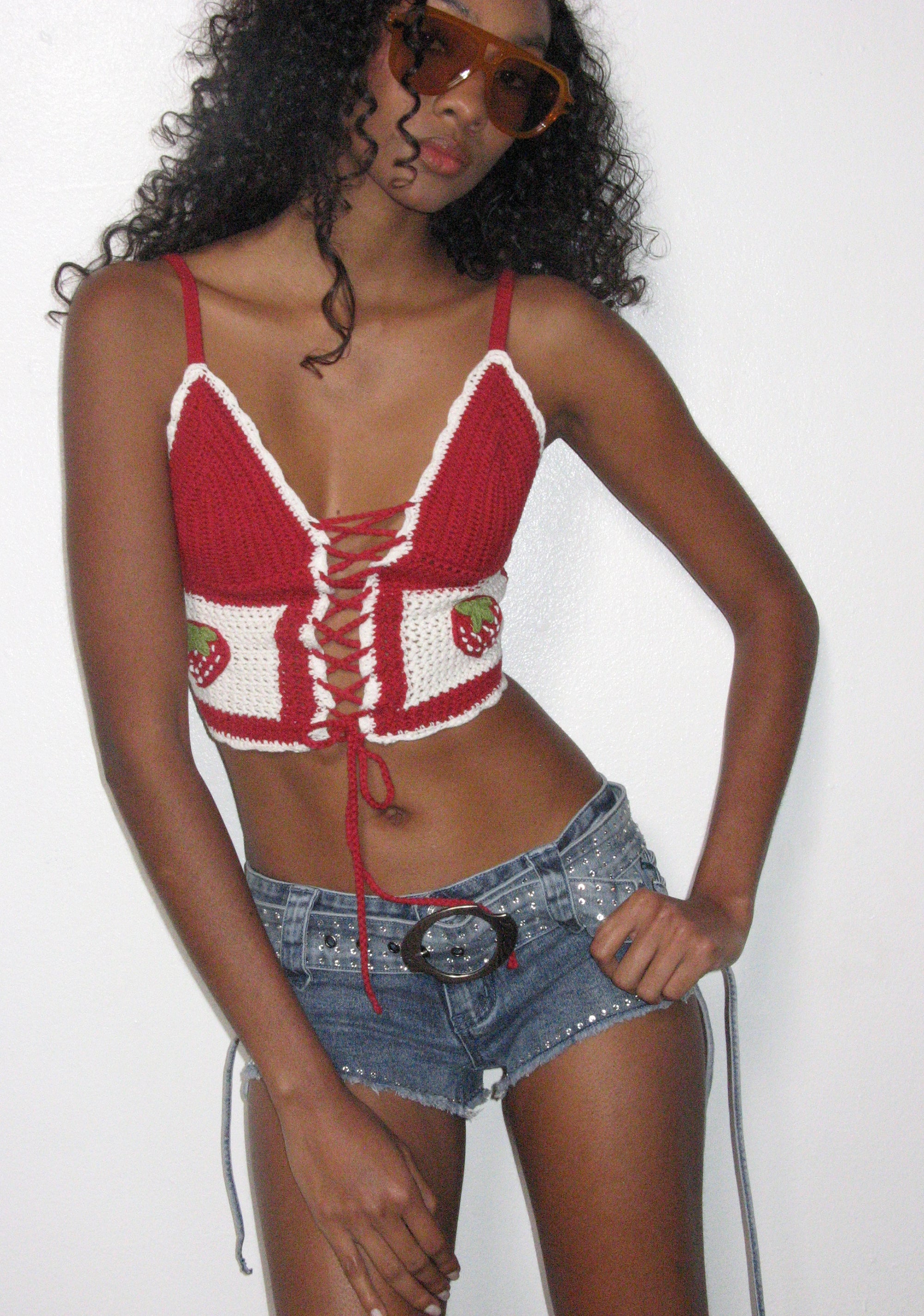 Womens Strawberry Crochet Tank Top With Lace Ups Sugar Thrillz