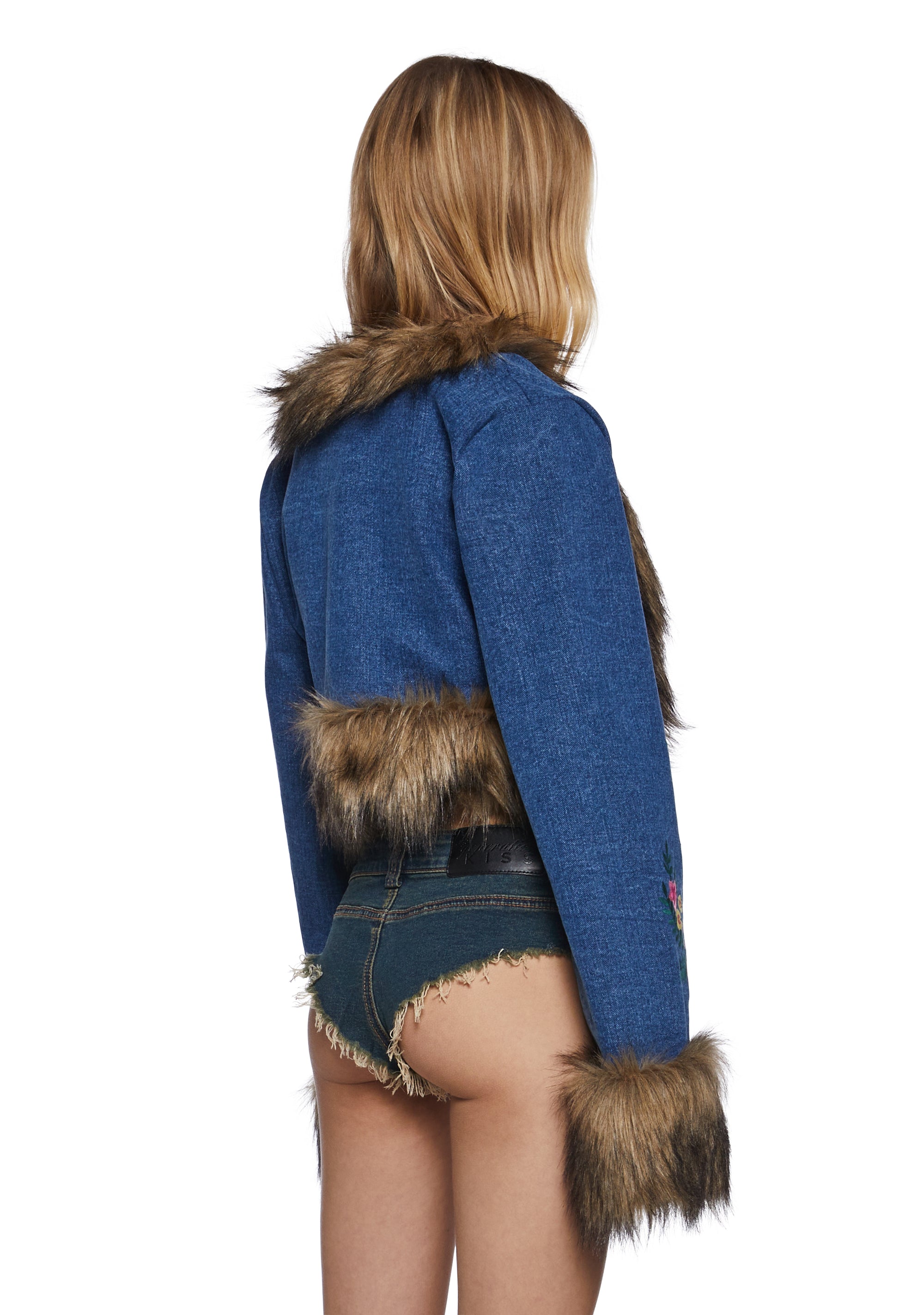 Embroidered Denim Jacket With Shearling Miu Miu Logo-Embroidered