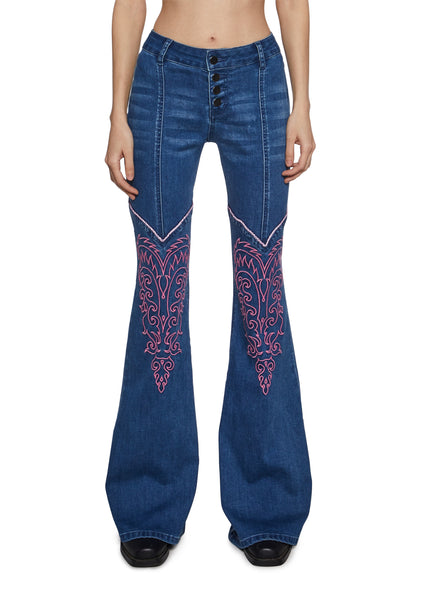 Womens Denim Flared Pants Jeans With Embroidery Sugar Thrillz