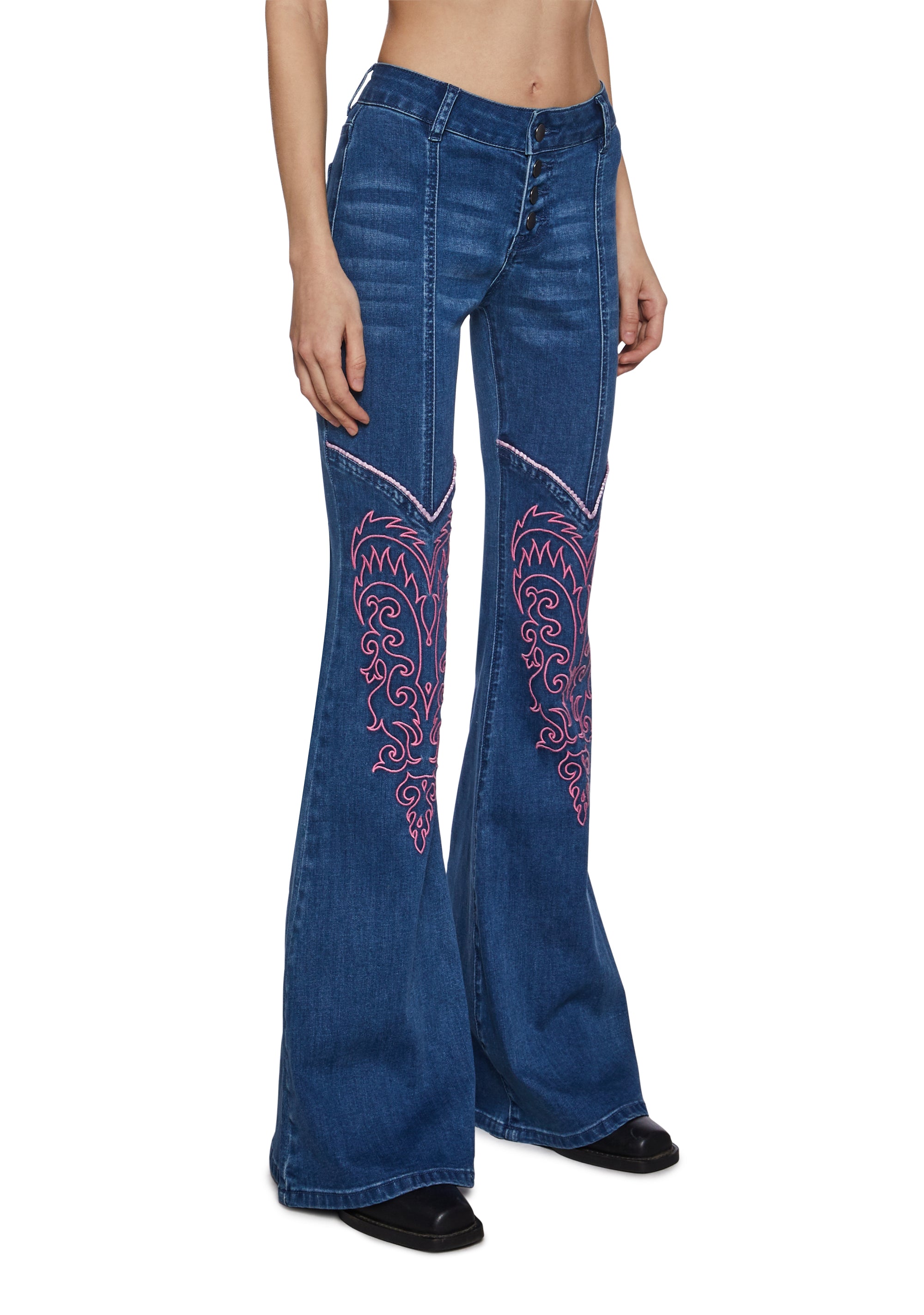 Womens Denim Flared Pants Jeans With Embroidery Sugar Thrillz