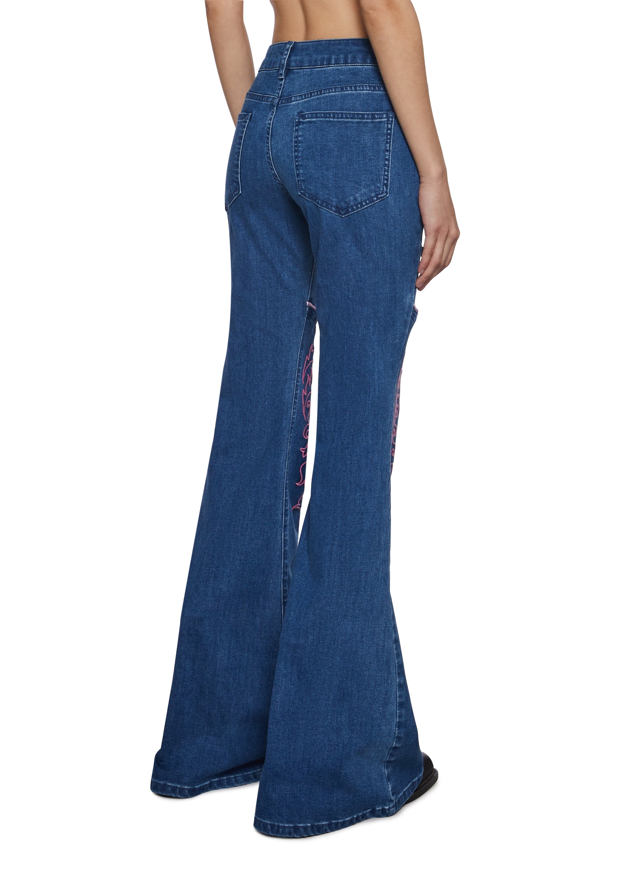 Womens Denim Flared Pants Jeans With Embroidery Sugar Thrillz