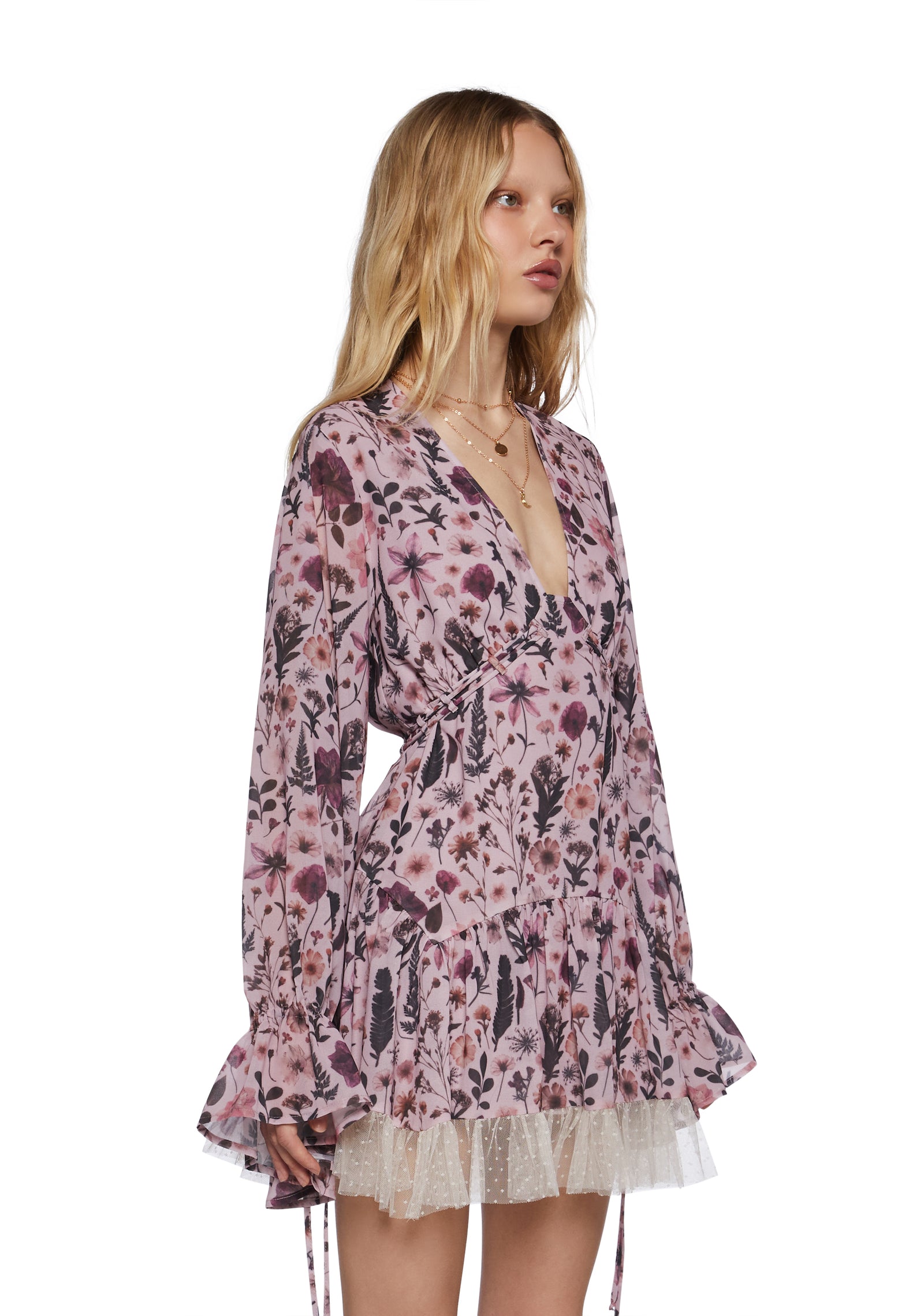 Womens Chiffon Floral Mini Long Sleeves Dress Current Mood- Multi – Dolls Kill