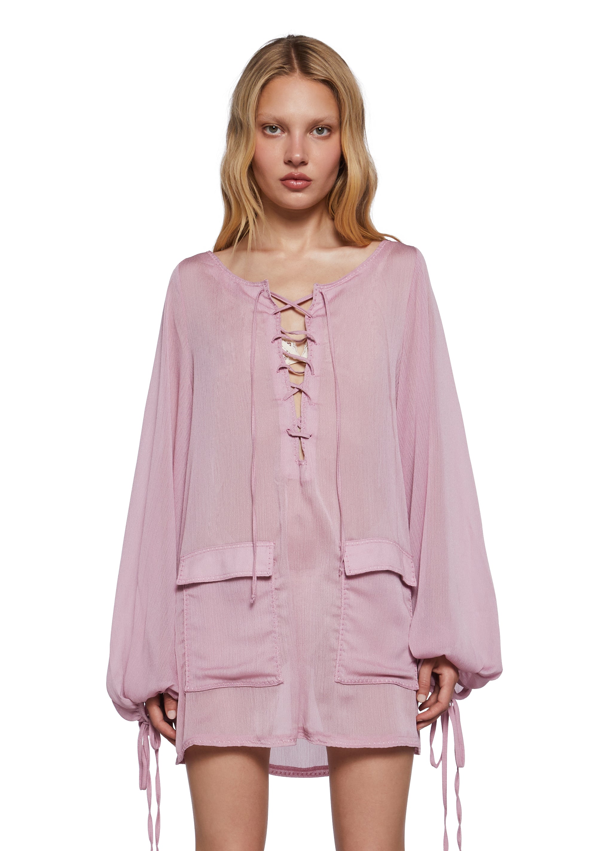 Pink Current Womens Sheer Lace Up Long Sleeve Mini Dress Current Mood - Pink – Dolls ...