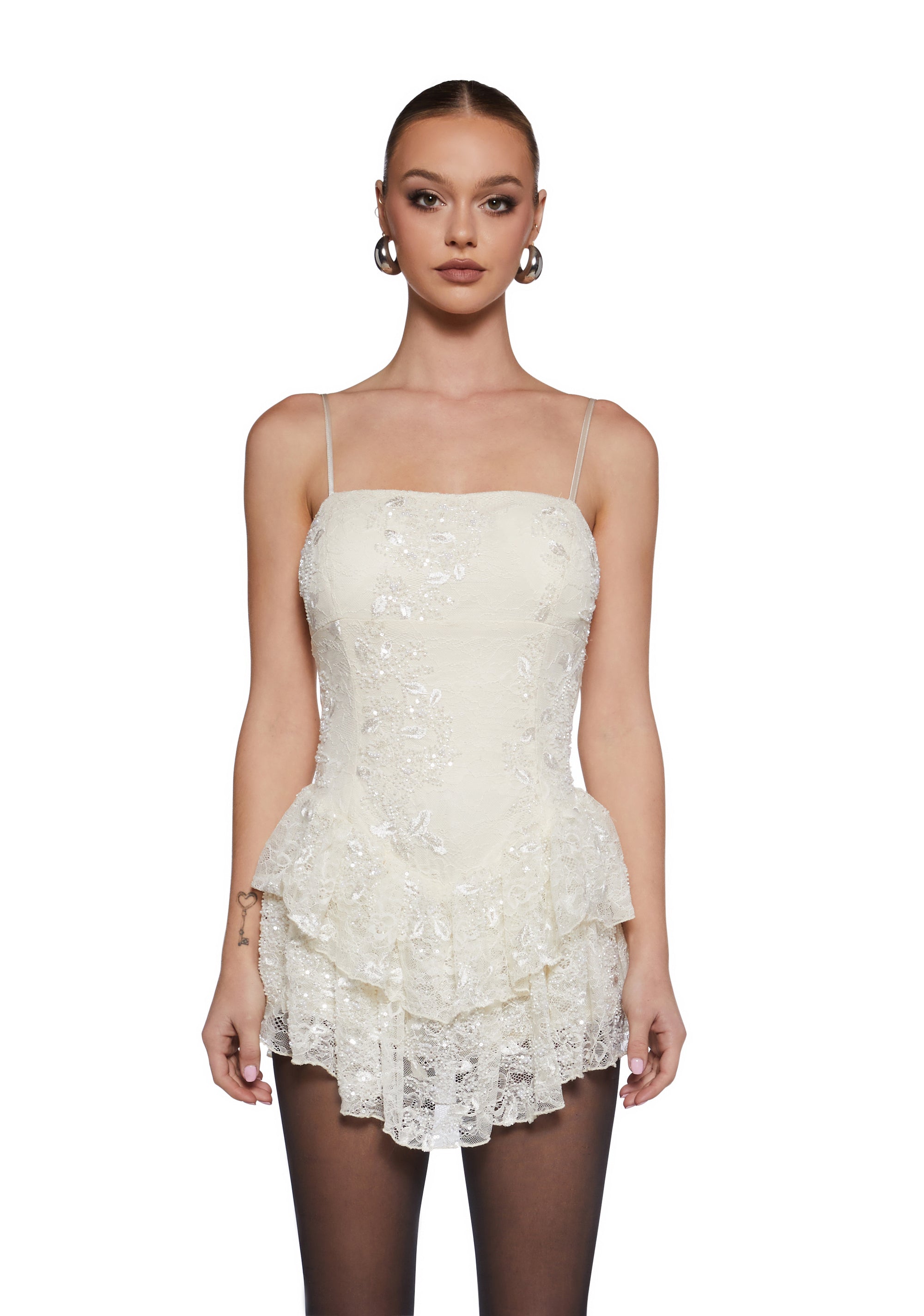 Beaded Floral Lace Sequin Ruffled Mini Dress - Off White