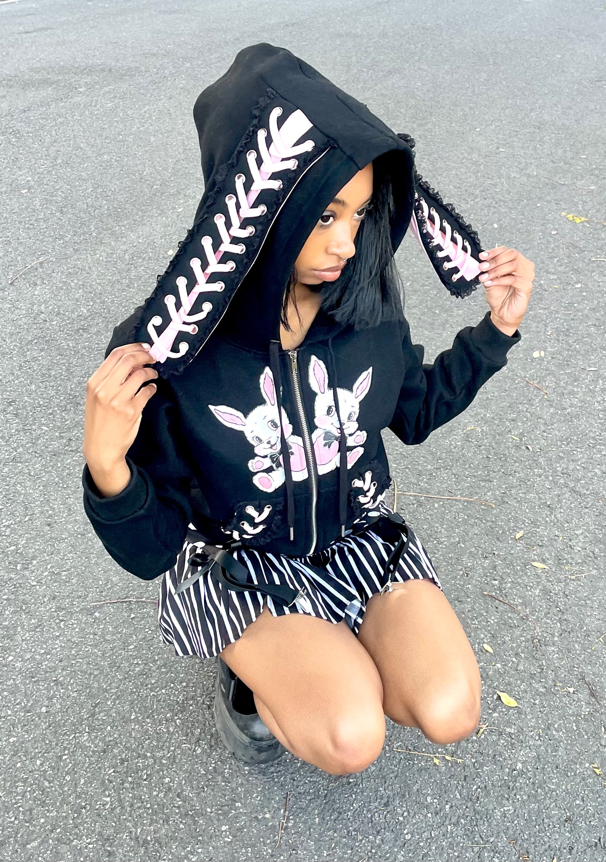 Womens Bunny Graphic Lace Up Hoodie Sugar Thrillz - Black