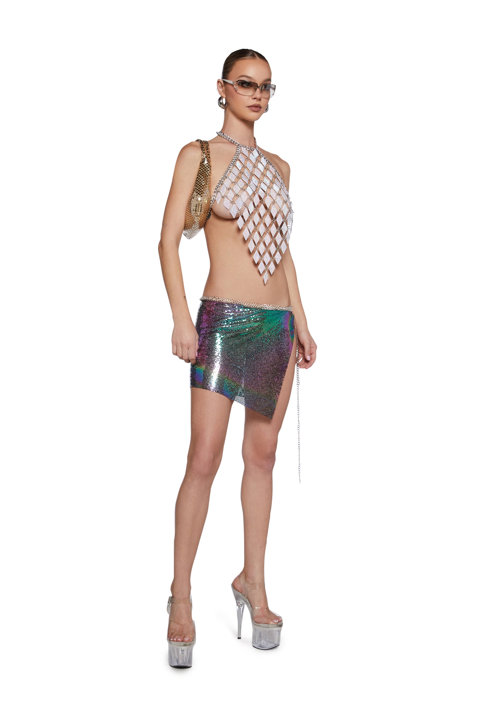 Womens Sexy Sheer Chainmail Rhinestone Halter Top NYE