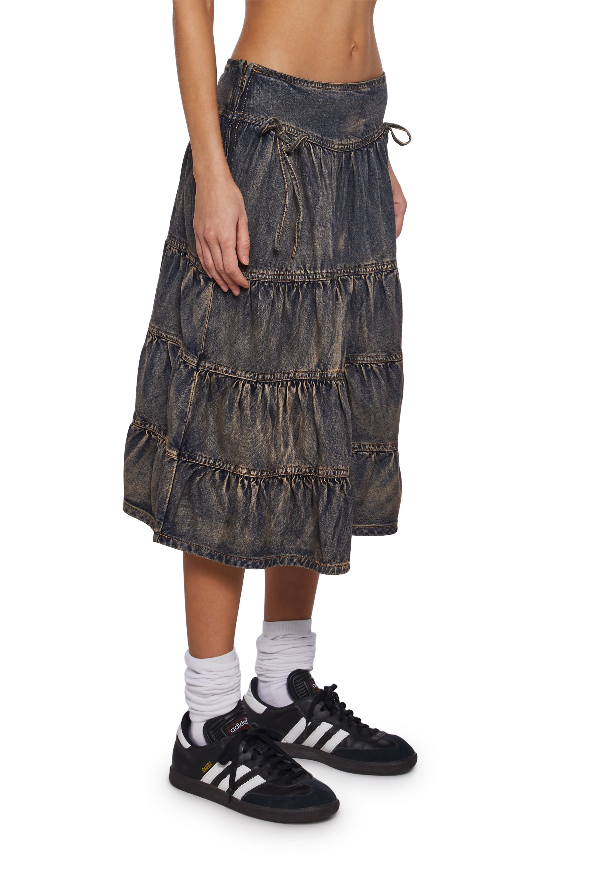 スカート [PLASMA SPHERE] Ocean Denim Washing Tiered Lace Midi Skirt Coolest Vibe High Slit Denim Maxi Skirt | Windsor