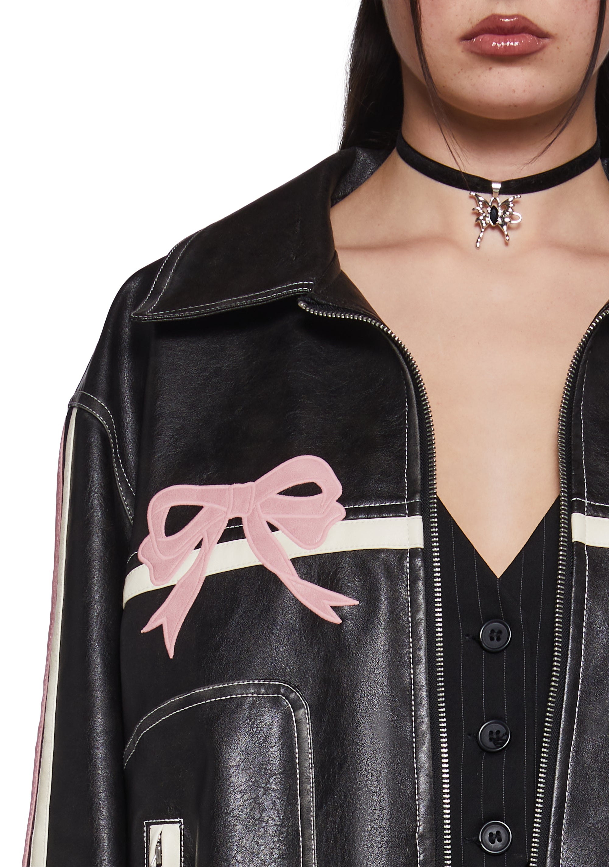 Womens Sexy Vegan Leather Jacket With Bow Graphics - Black Womens Sexy Vegan Leather Jacket With Bow Graphics - Black