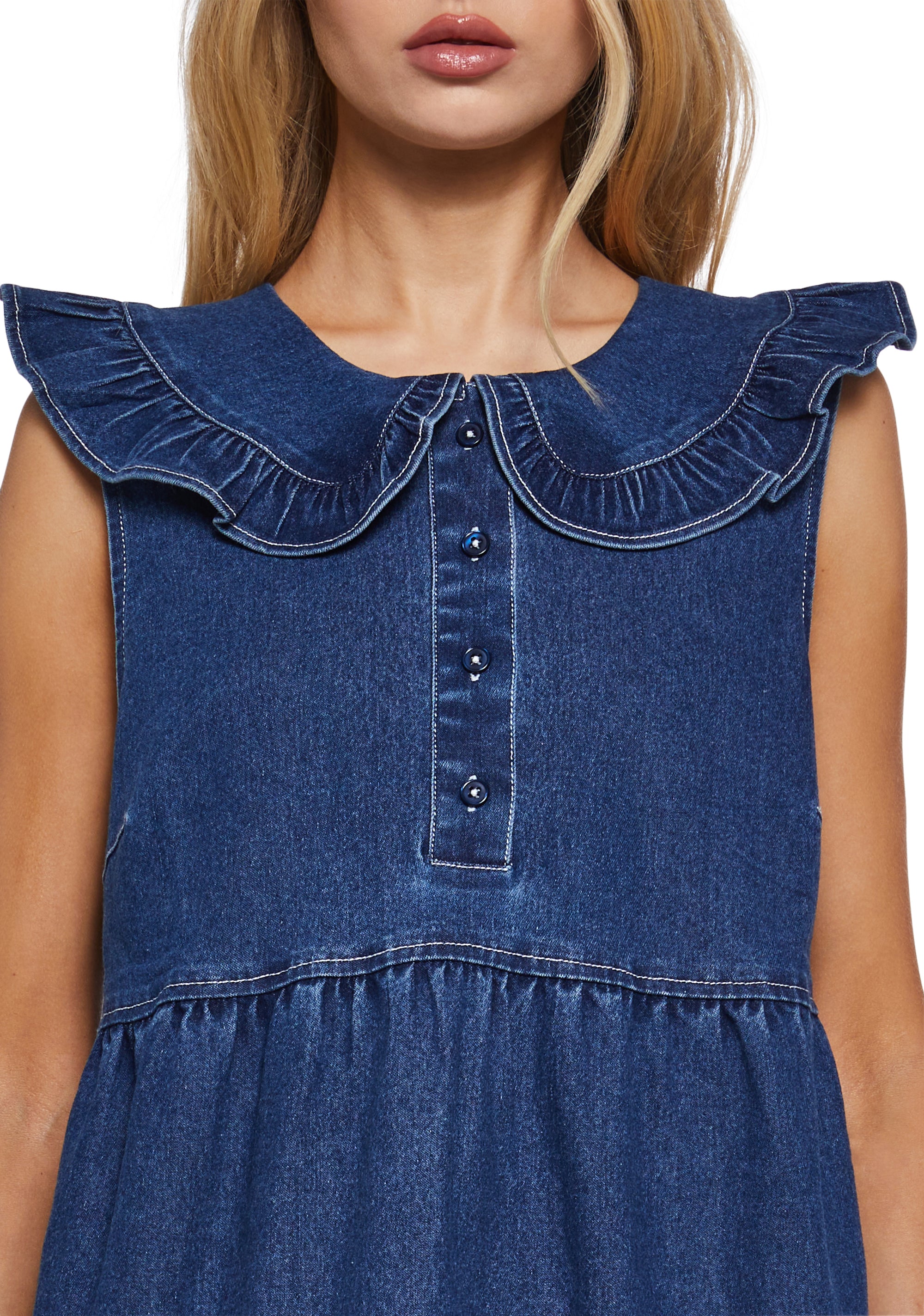 Womens Denim Chambray Collared Babydoll Mini Dress Delias- Blue – Dolls Kill