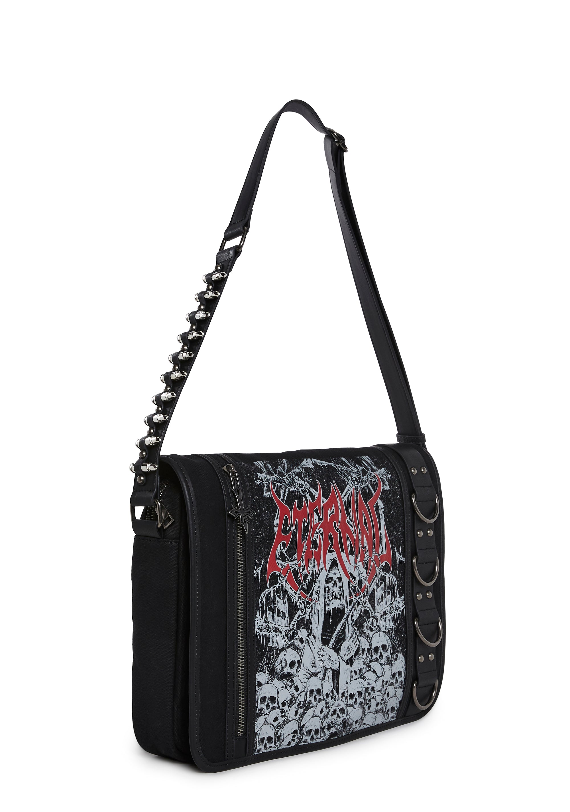 Goth Printed Canvas Shoulder Bag With Graphics And Bullets