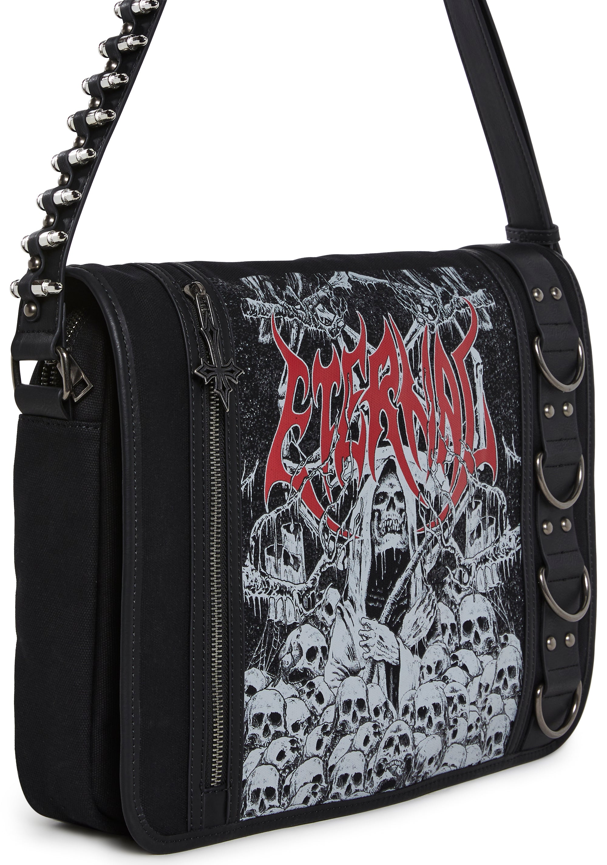 Goth Printed Canvas Shoulder Bag With Graphics And Bullets