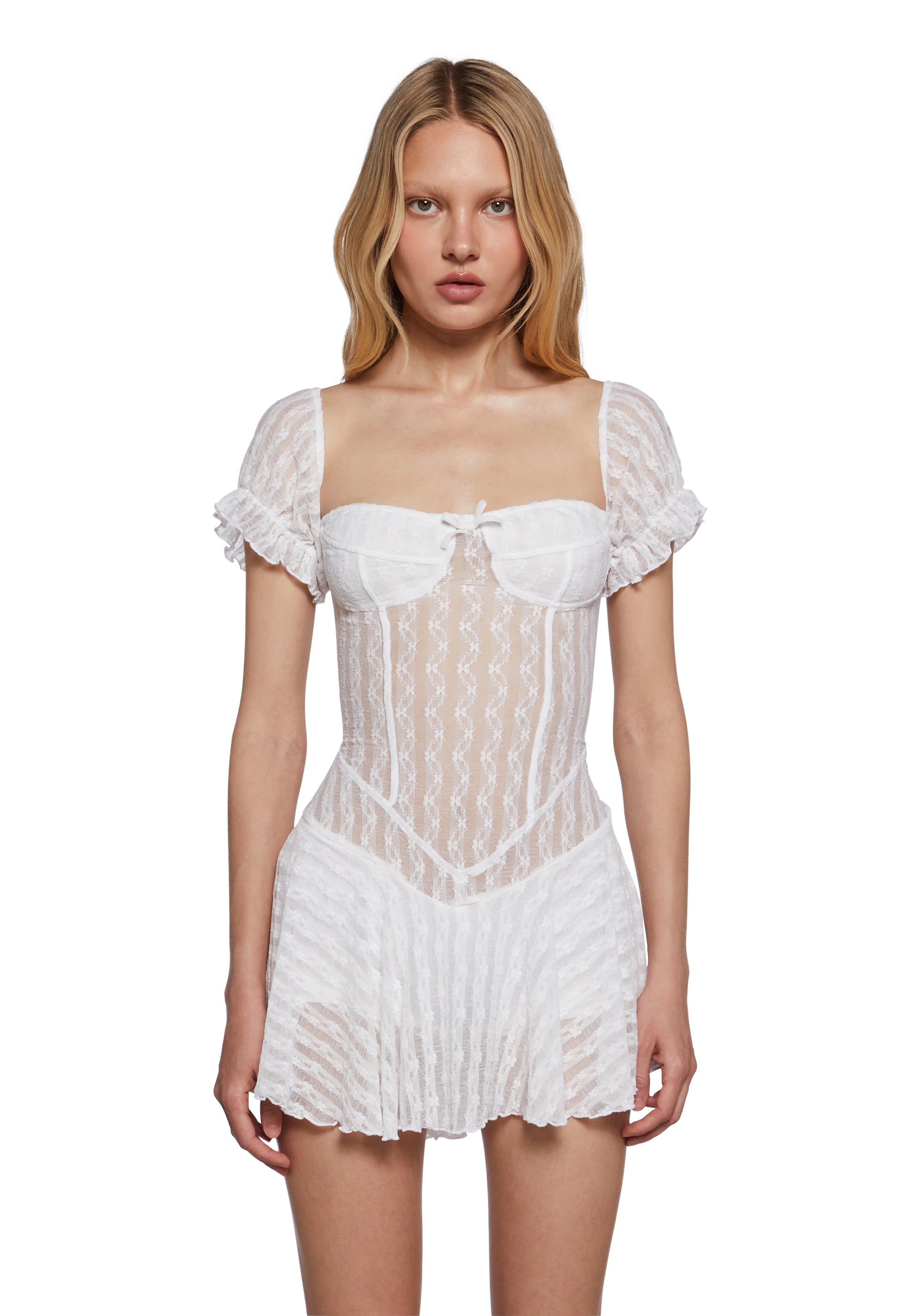 Womens Sheer Lace Mini Dress With Puffy Sleeves - White – Dolls Kill
