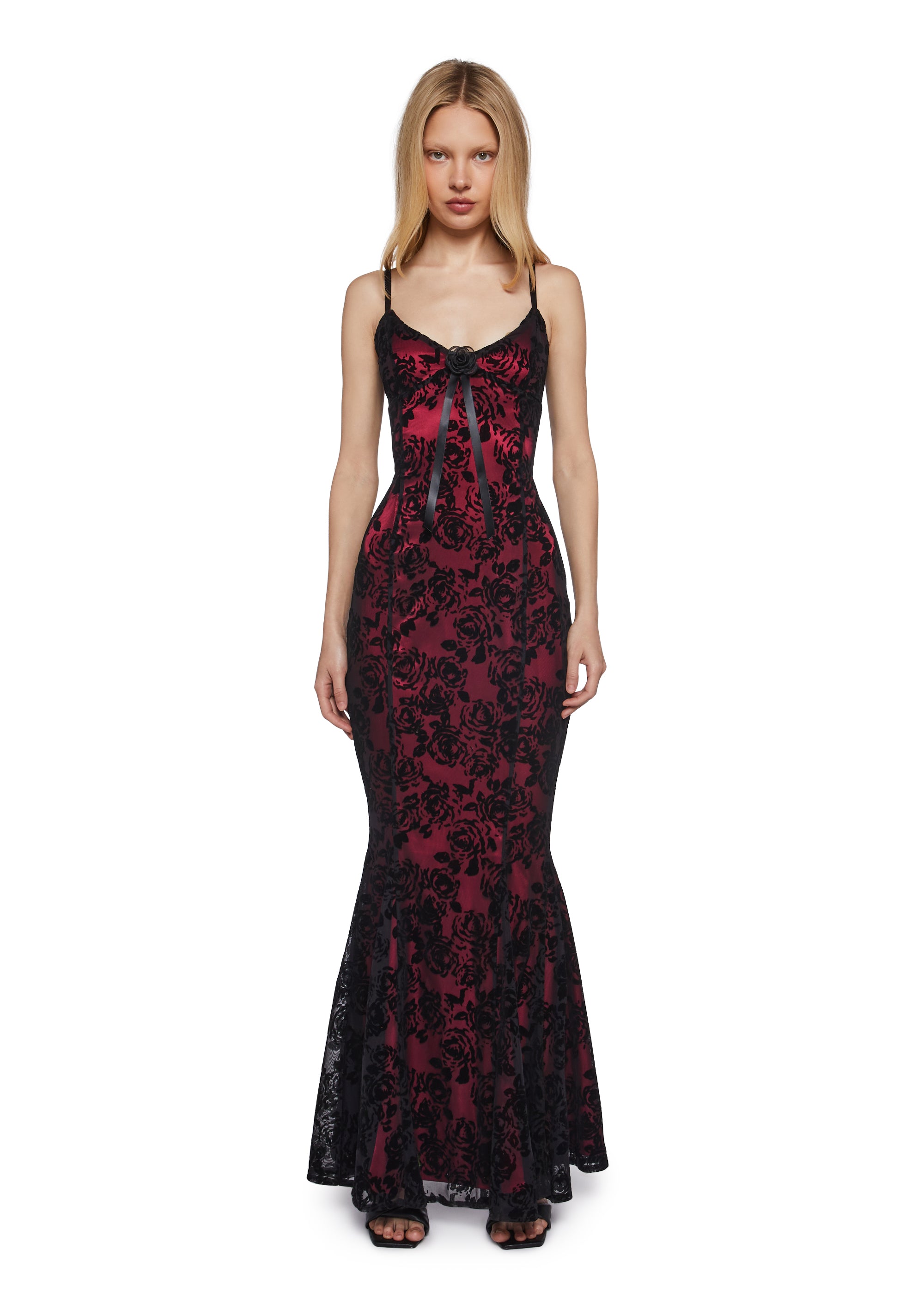 Womens Prom Special Occasion Velvet Rose Bodycon Maxi Dress Unholy