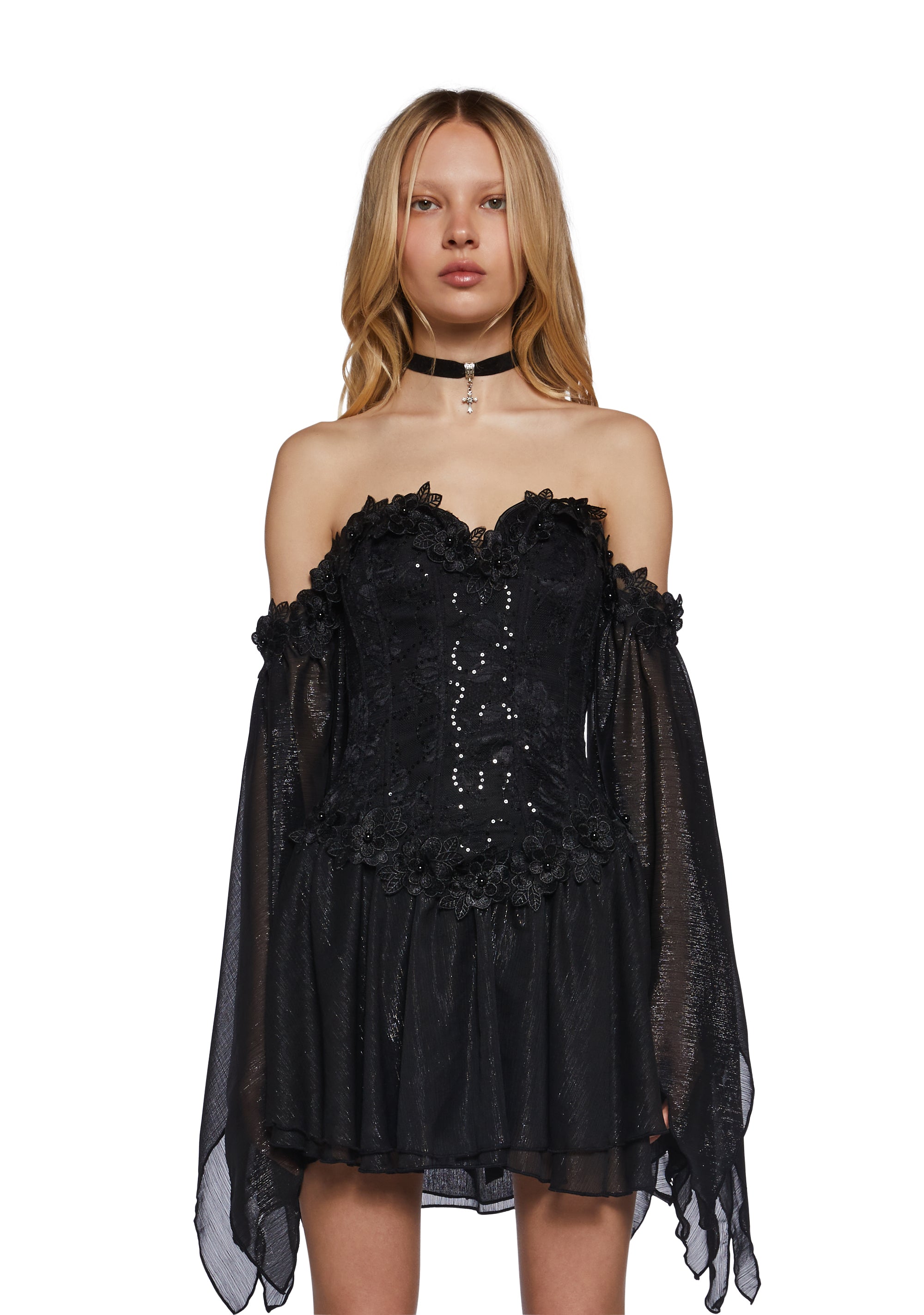 Sugar Thrillz Fairycore Cottagecore Glitter Chiffon Strapless Dress With Floral Appliques