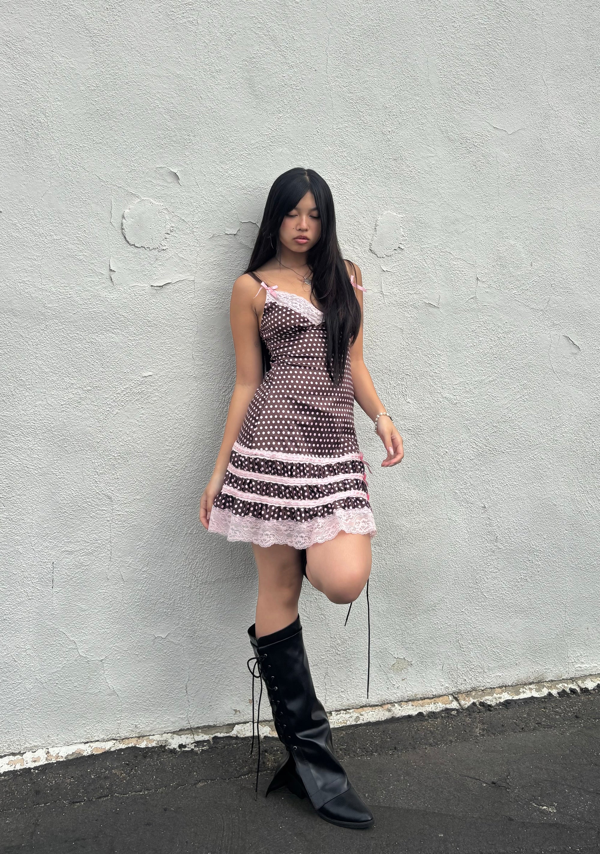 open lace back dress Widow Tea Stain Lace Tiered Mini Dress