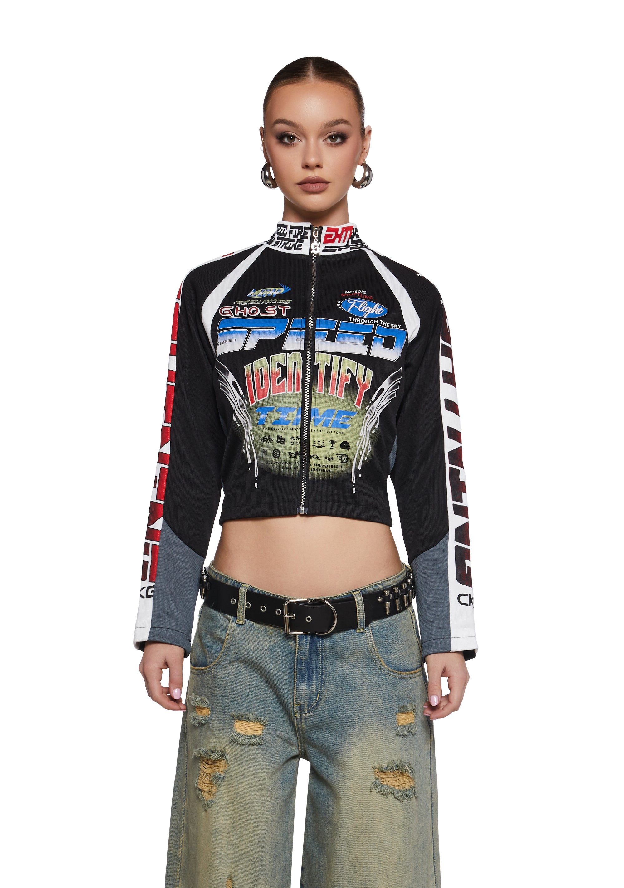 Colorblock Racing Jacket Colorblock Knit Racing Zip-Up Cropped Moto Jacket - Black – Dolls Kill