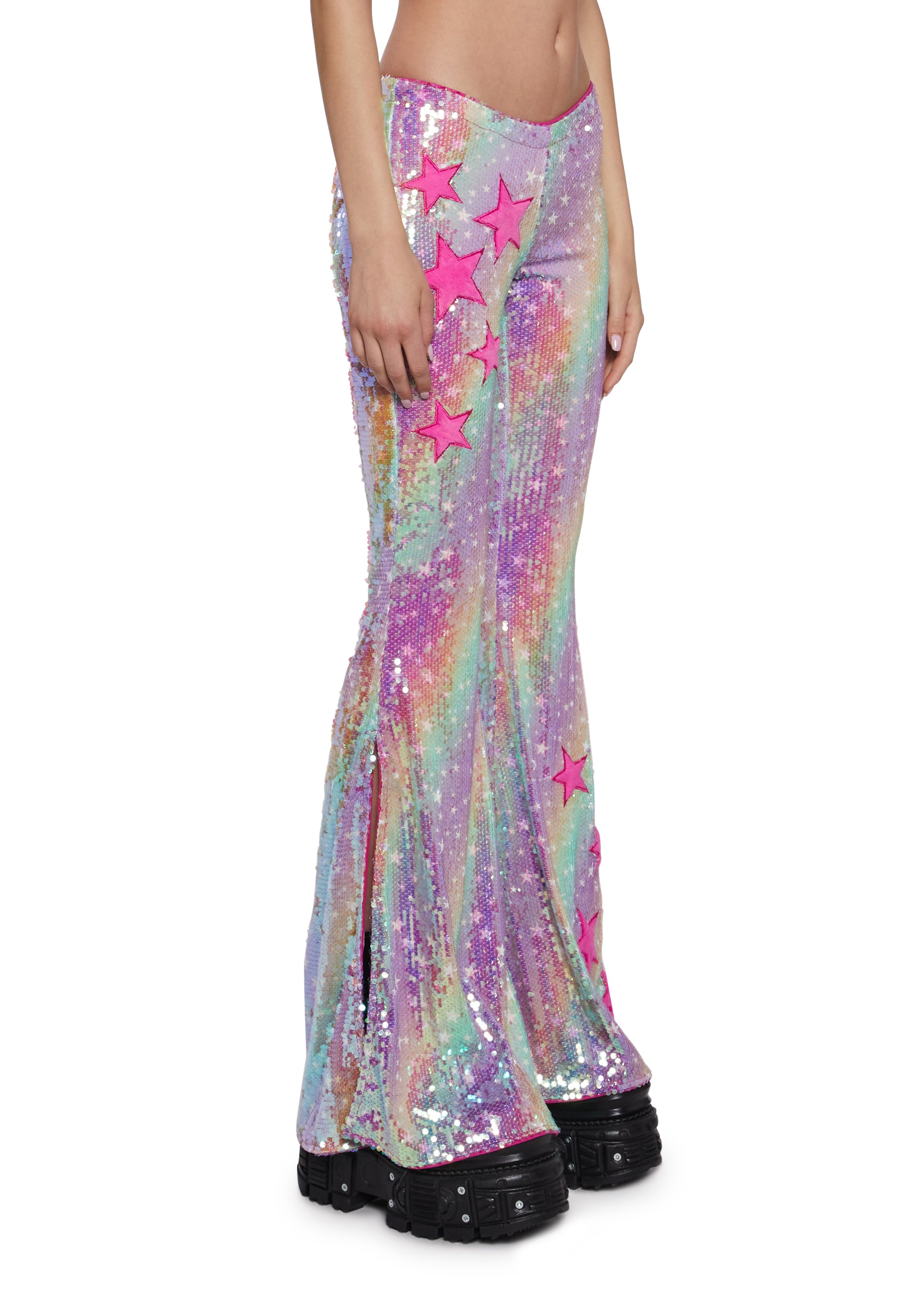 Womens Ombre Sequined Flared Pants With Fuzzy Stars Club Exx