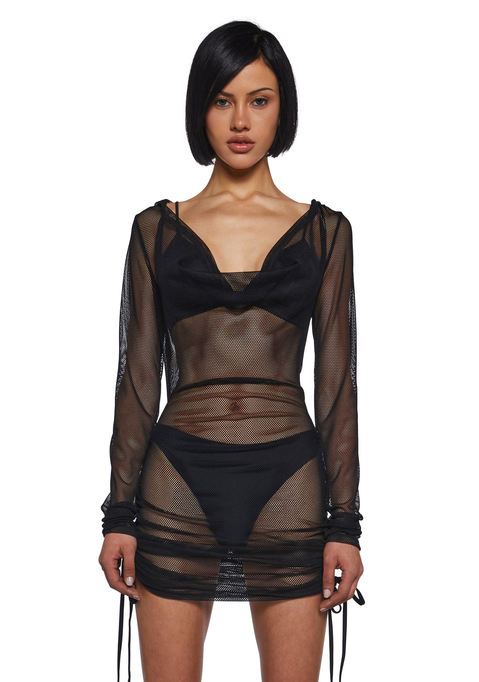 Womens Sheer Fishnet Mini Dress With Ruching Ambient Darker Wavs