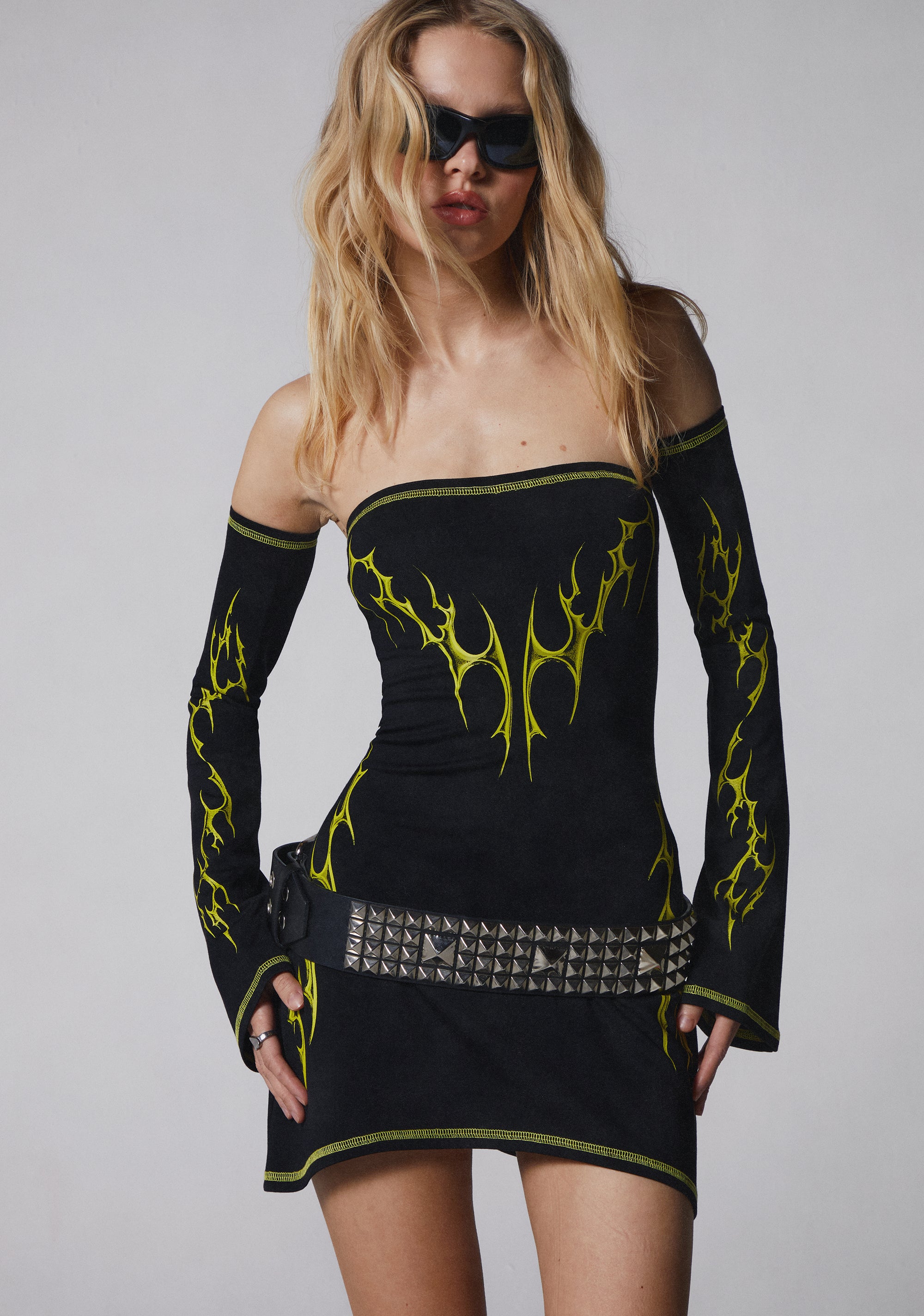 Womens Bodycon Rave Dress With Graphics And Gloves Club Exx