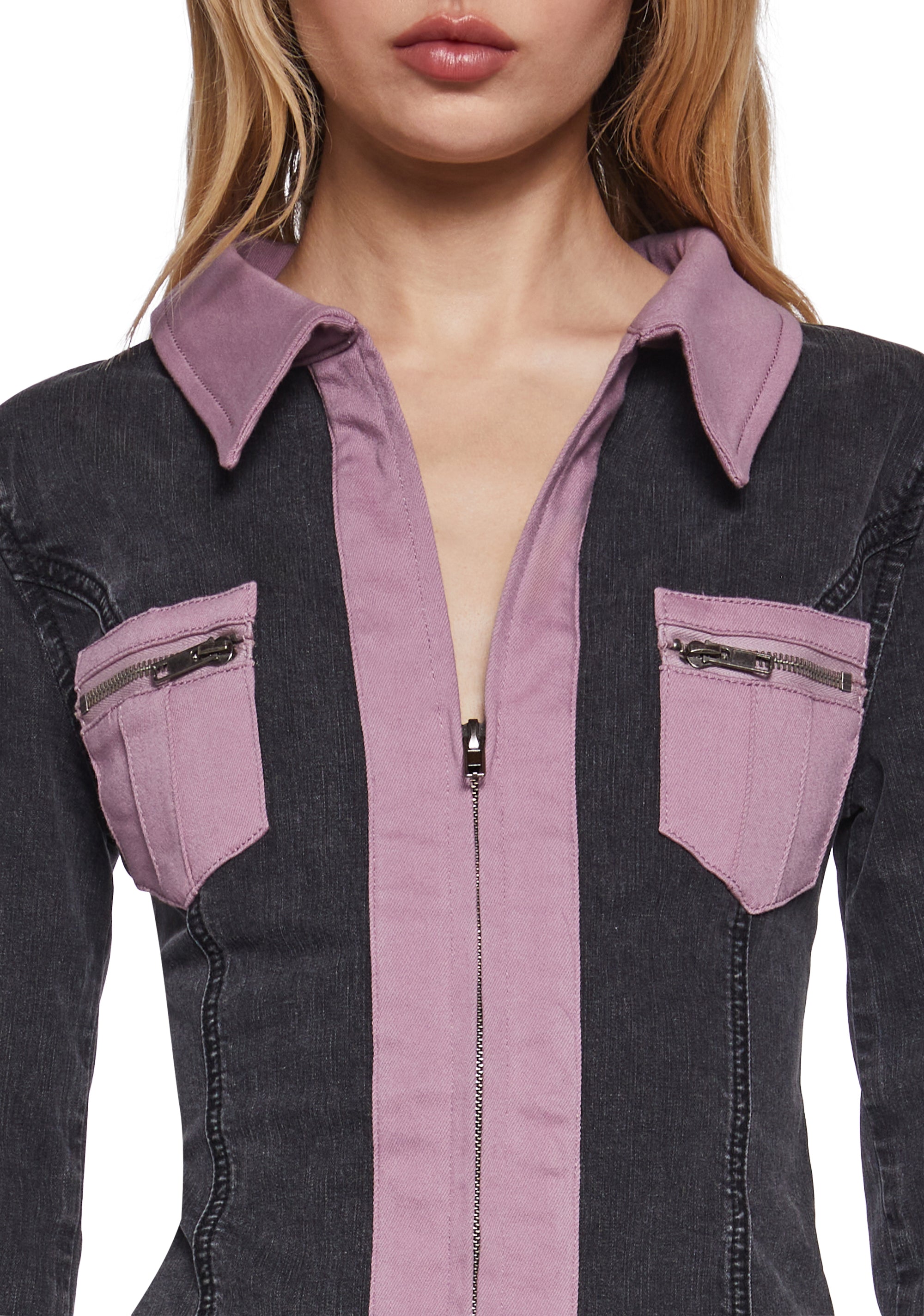 Womens Colorblock Denim Blouse With Two Way Zip Generation