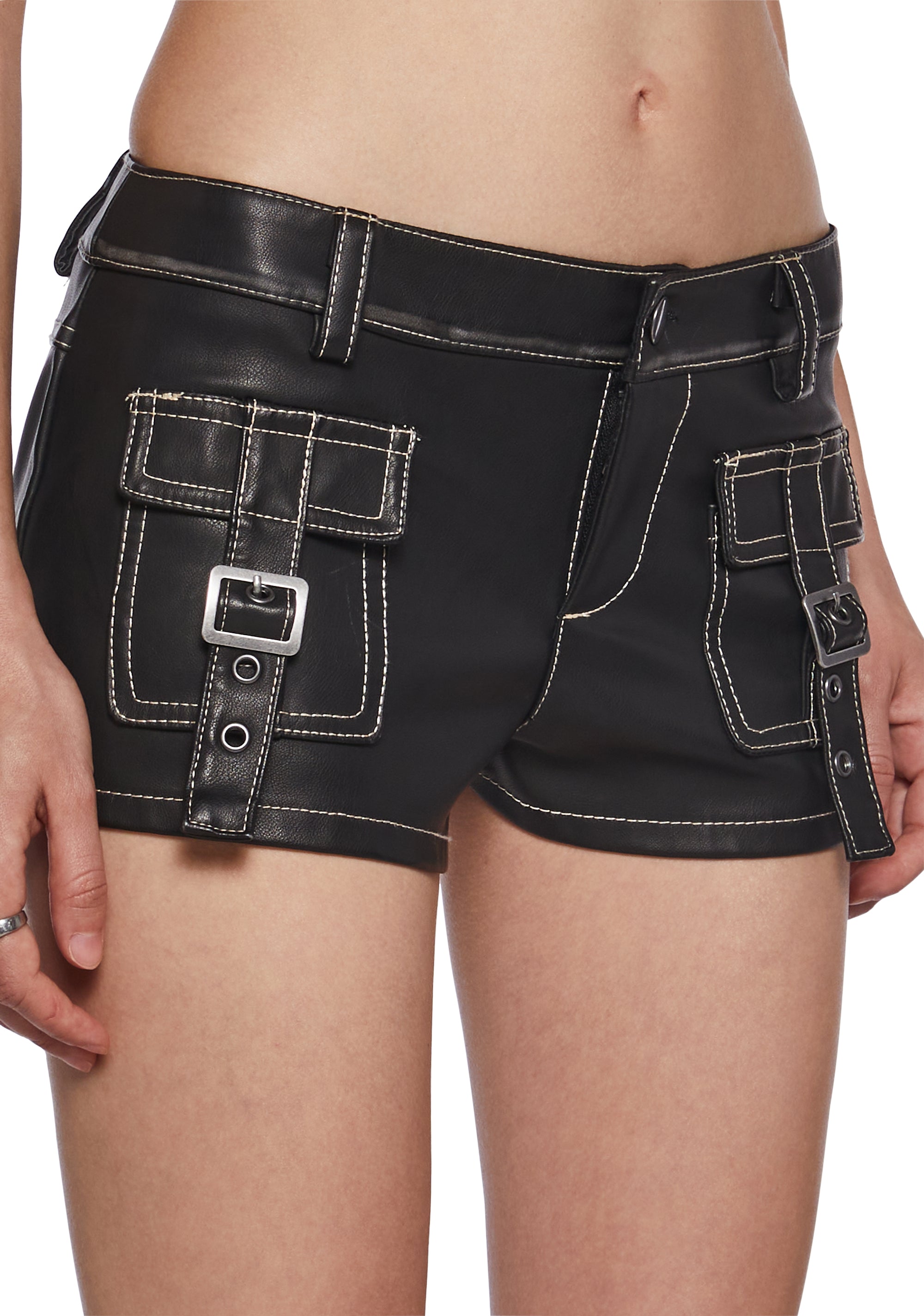 Womens Vegan Leather Low Rise Cargo Shorts Generation Kiss