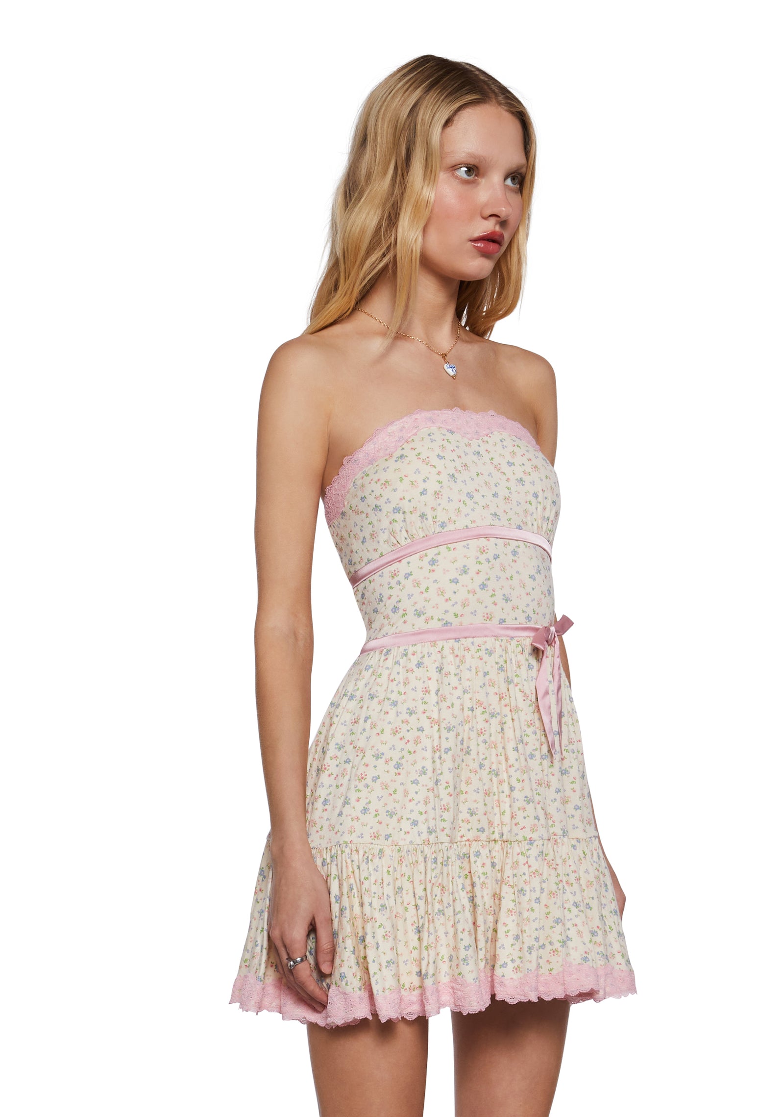Womens Floral Strapless Mini Dress With Satin Bow Sugar Thrillz