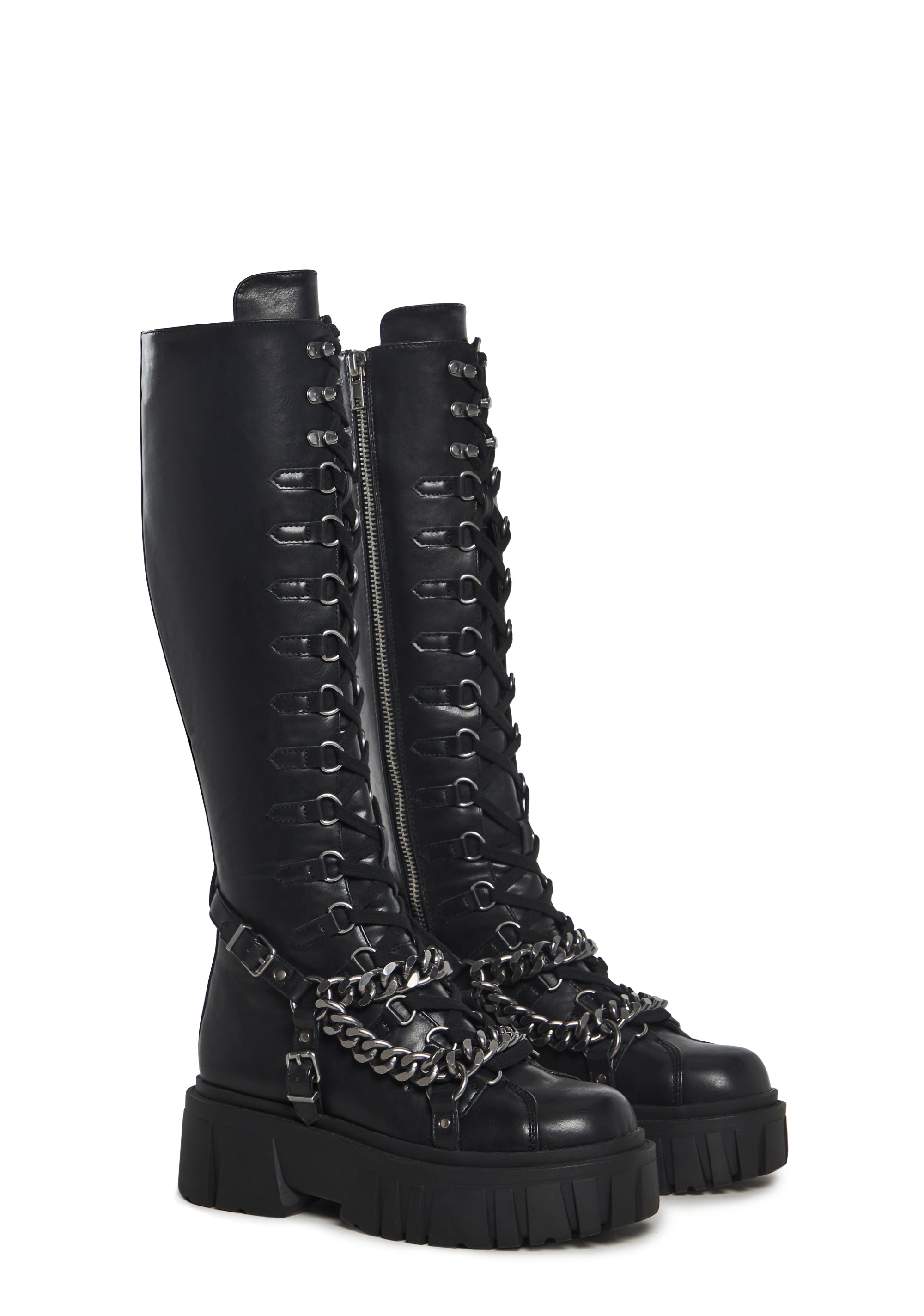 Vegan Leather Combat Boots With Chainlink Details And Zip Up
