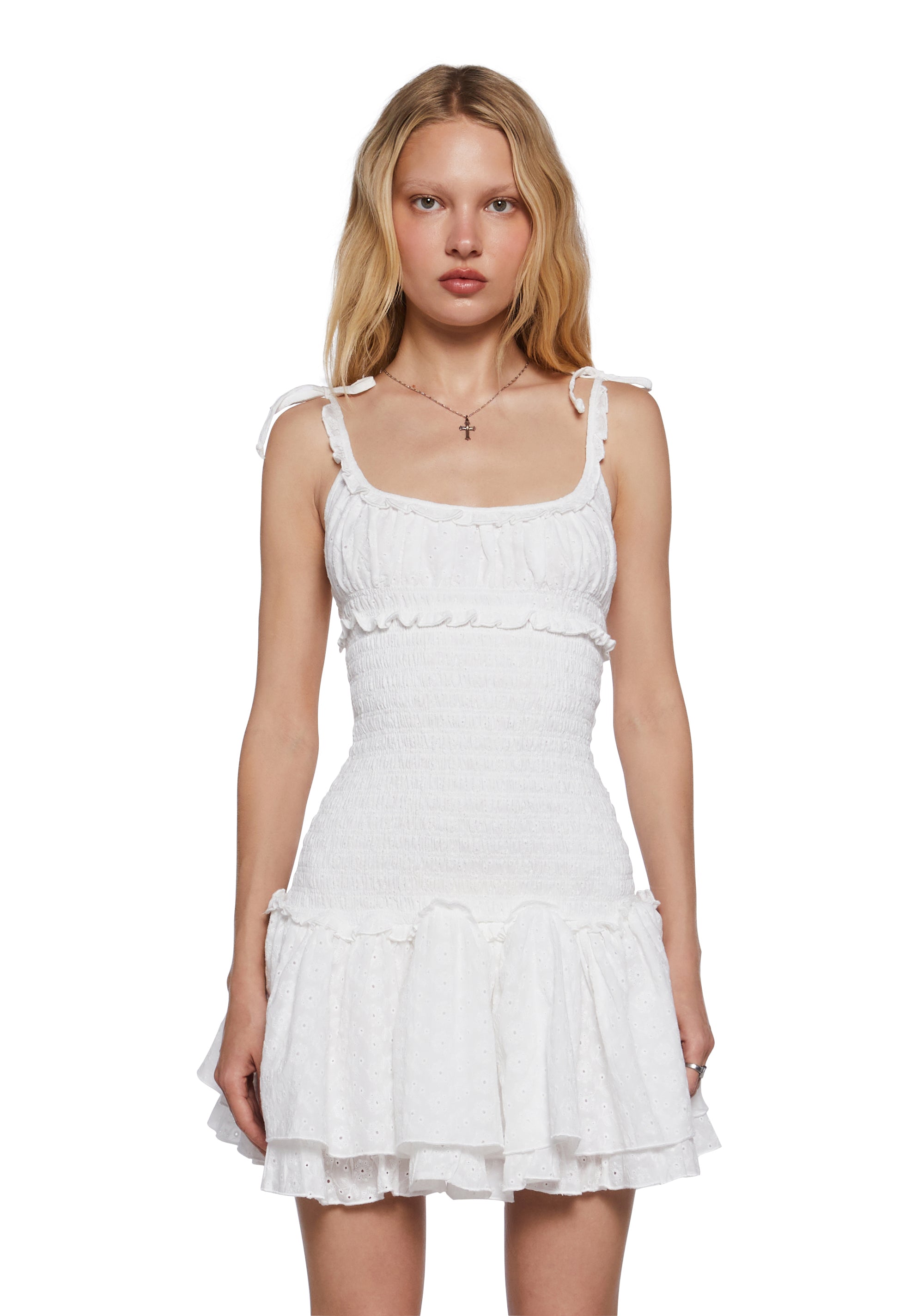 Womens Spring Summer Cotton Eyelet Mini Dress With Shoulder Ties