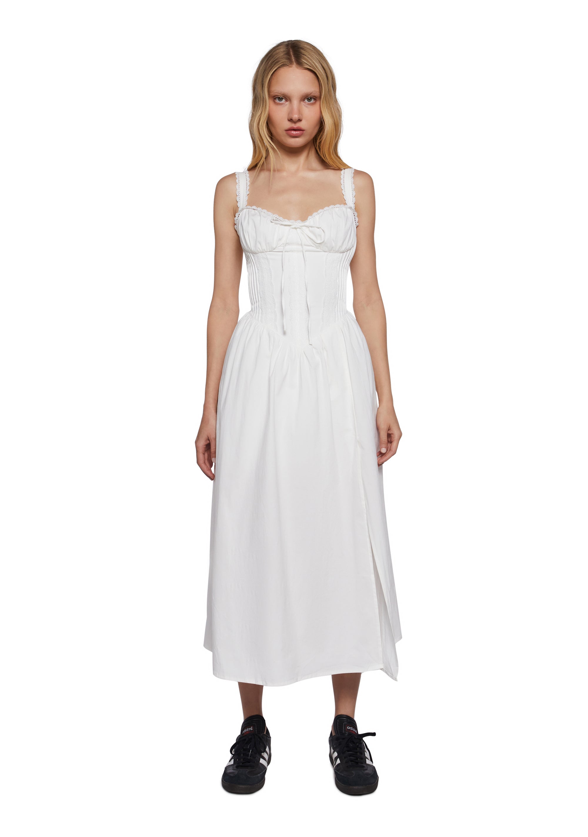 Womens Sexy Summer Lace-Up Maxi Dress With Side Slit - White – Dolls Kill