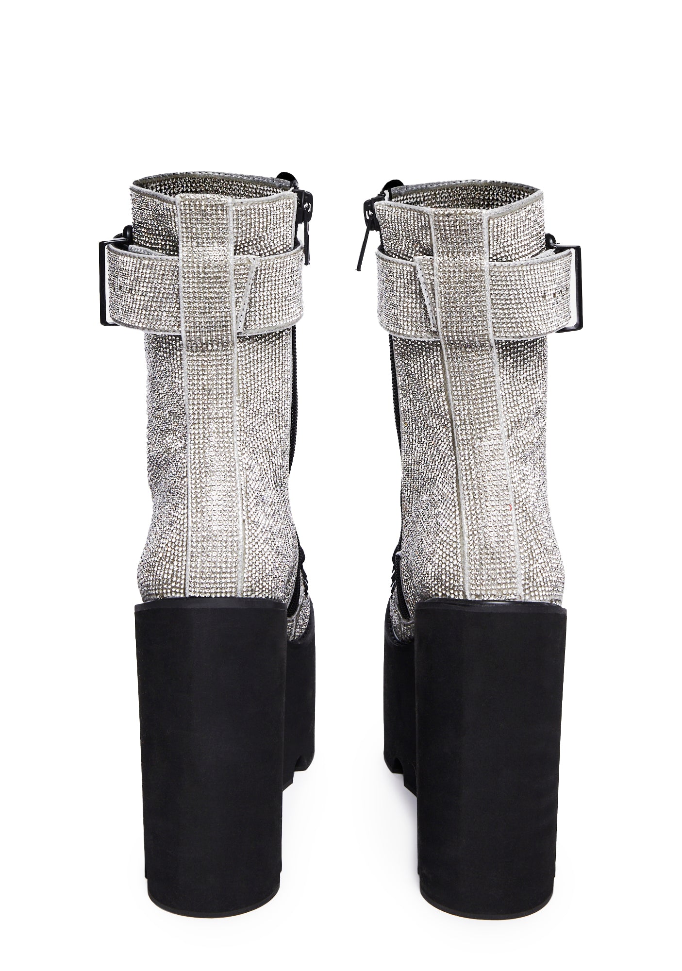 Club Exx Rhinestone Wedge Platform Boots - Silver/Black