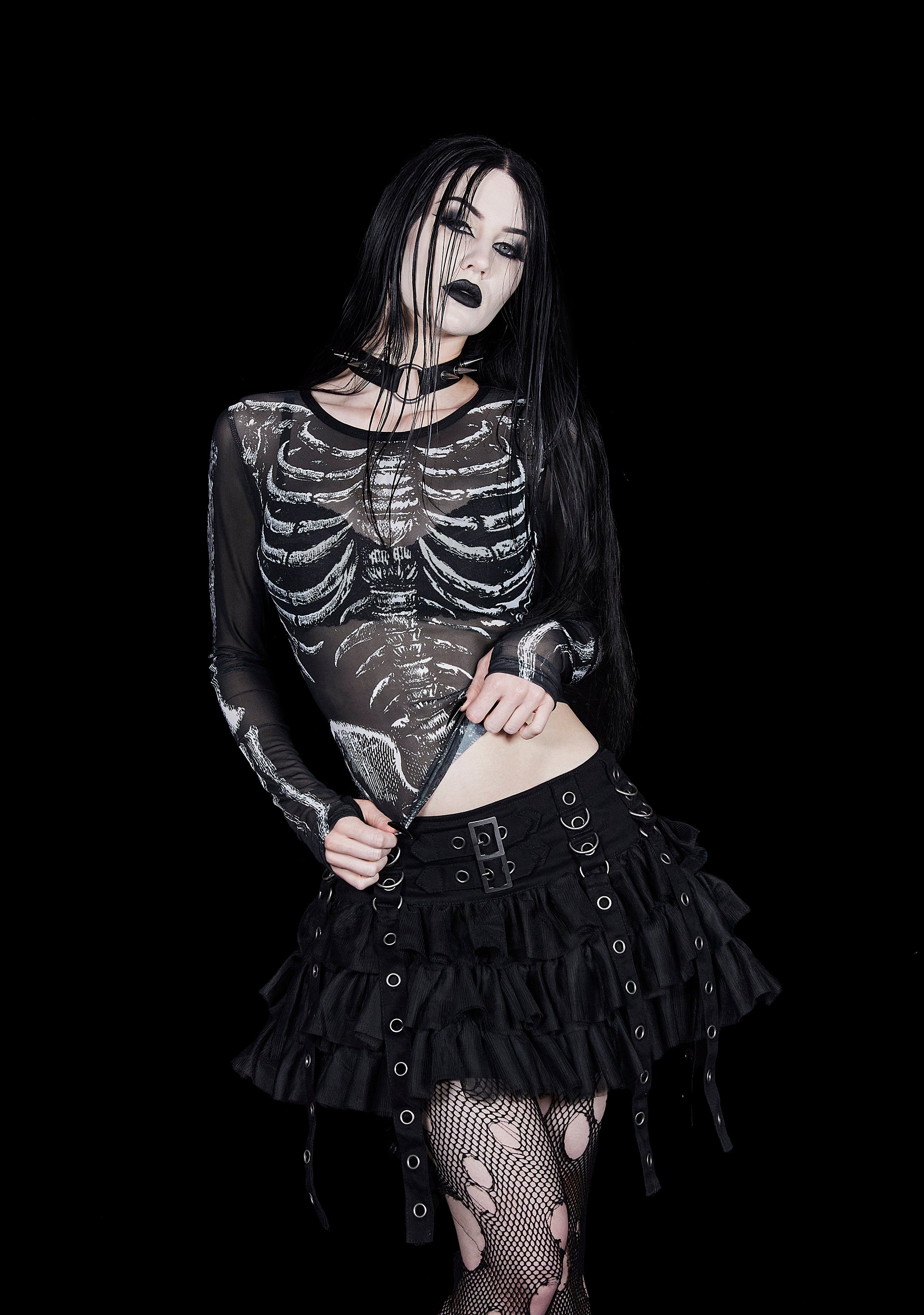 Trickz N Treatz Skeleton Print Mesh Top - Black – Dolls Kill