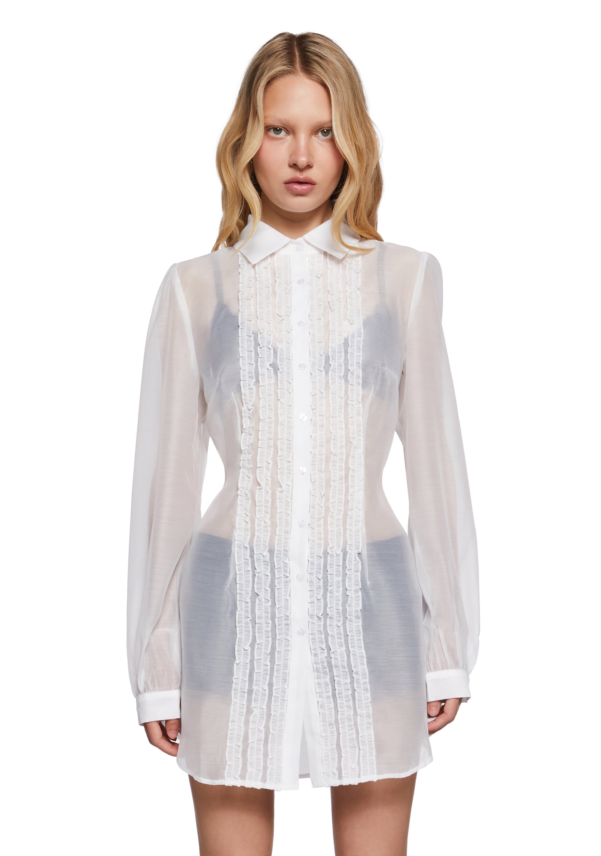 Sugar Thrillz Ruffle Trim Sheer Button Up Shirt